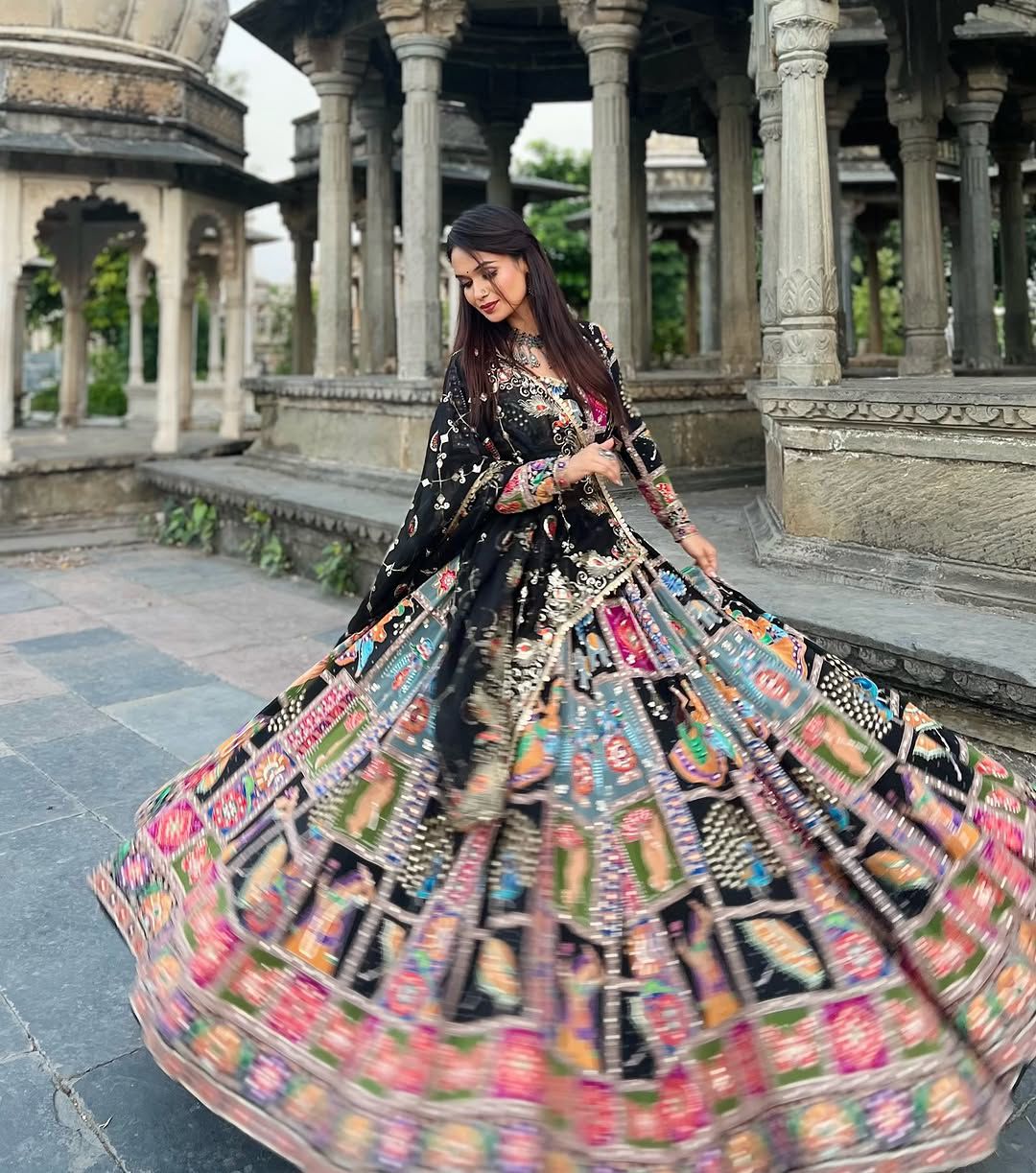 Royal Multicolor Hand-Embroidered Navratri Ghagra Choli with Black Dupatta