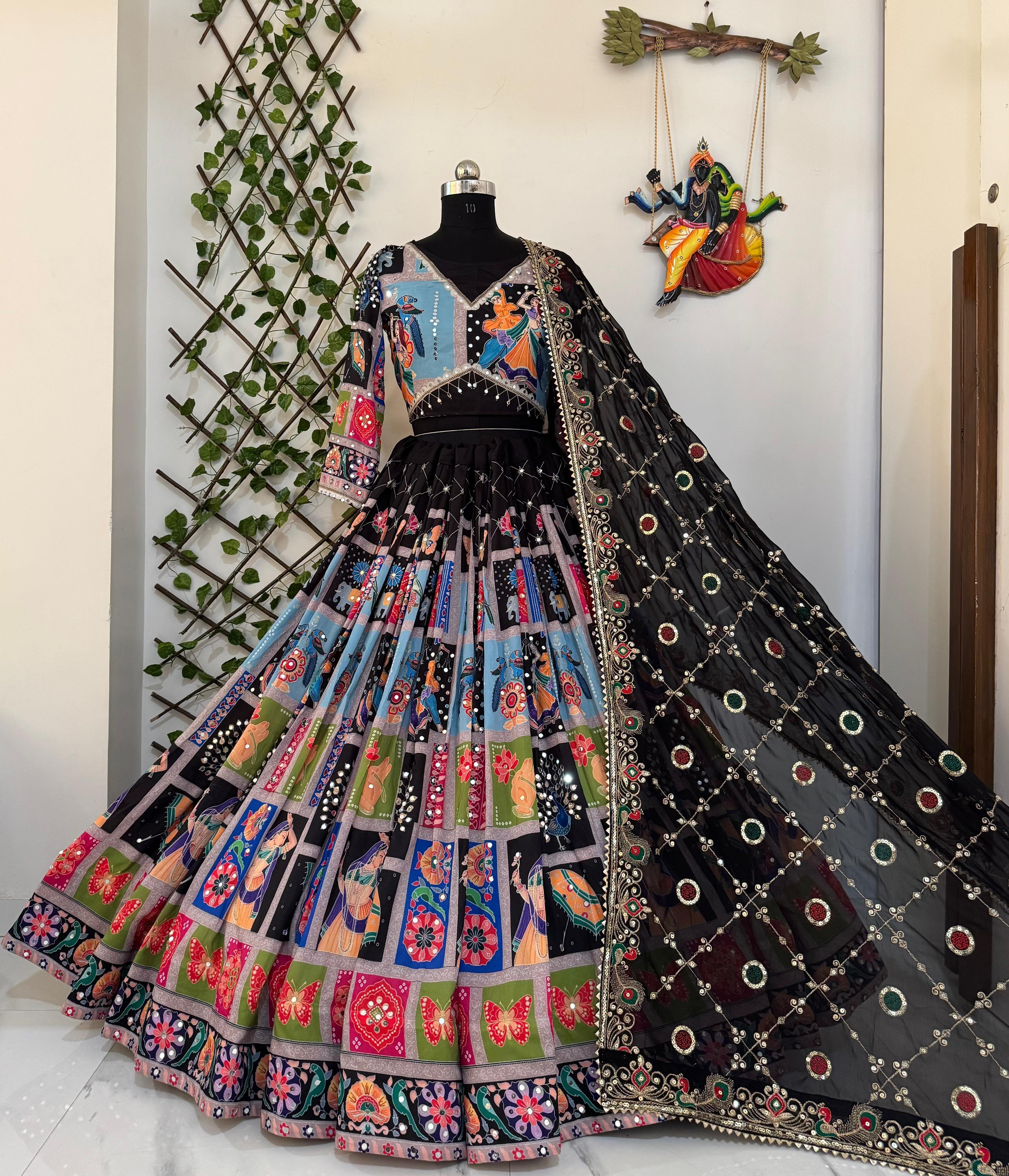 Royal Multicolor Hand-Embroidered Navratri Ghagra Choli with Black Dupatta