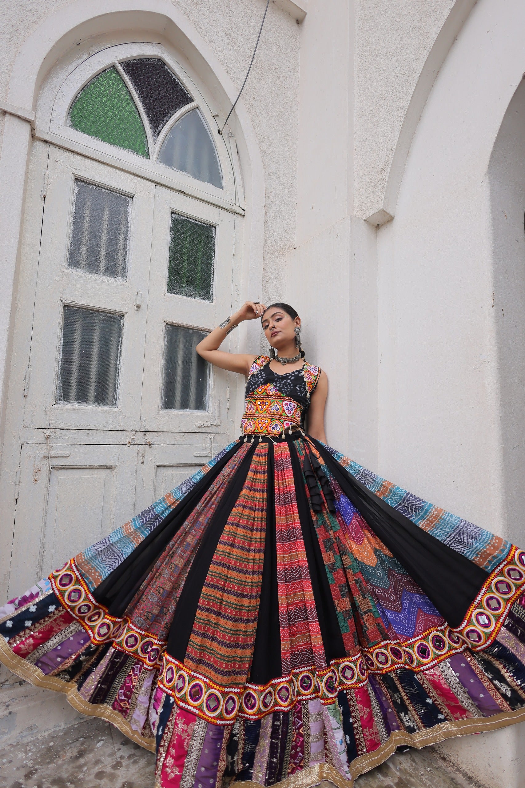 Black & Multi-Color Navratri Ghagra Choli with Embroidery and Traditional Patchwork  Description: