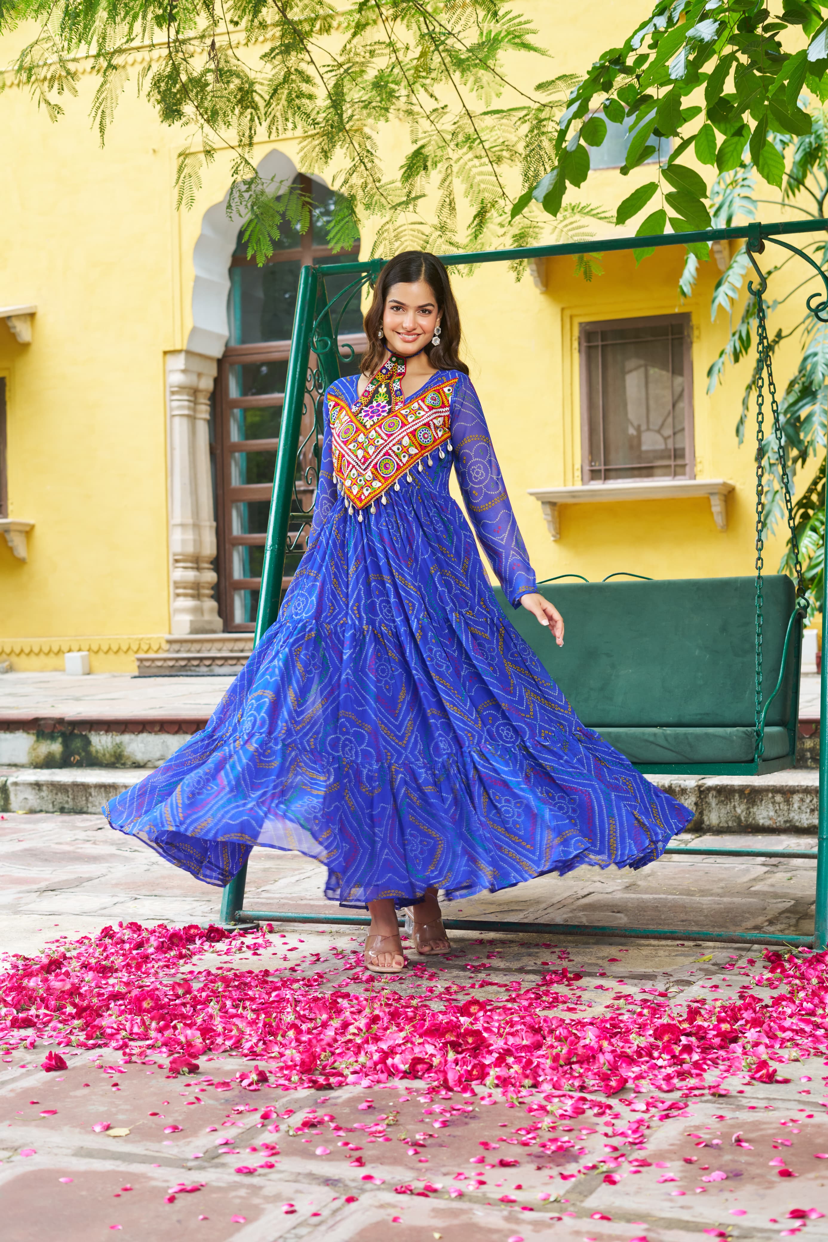 Bandhani Printed Navratri Long Gown with Kutchi Embroidered Yoke – Multi Colors