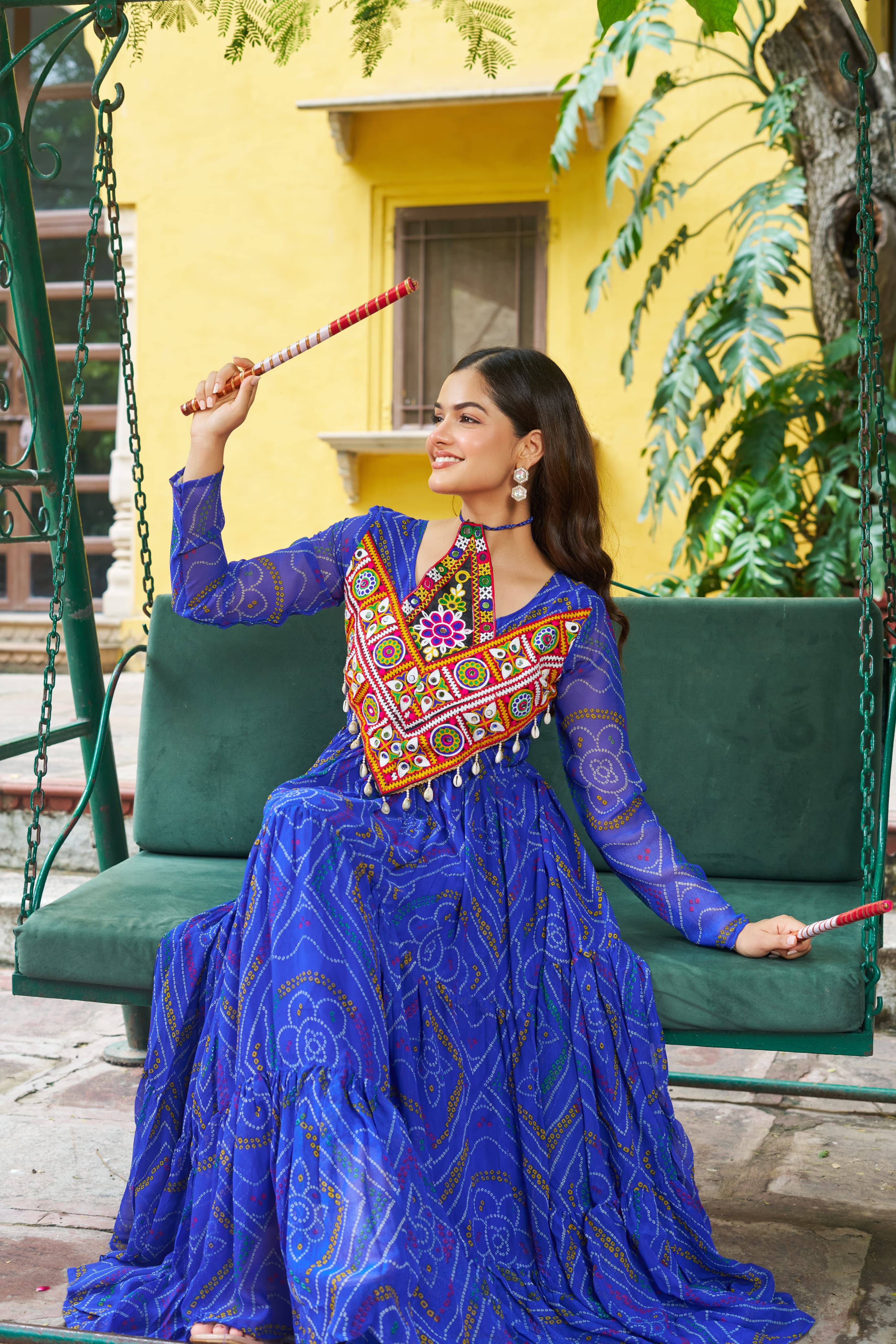 Bandhani Printed Navratri Long Gown with Kutchi Embroidered Yoke – Multi Colors