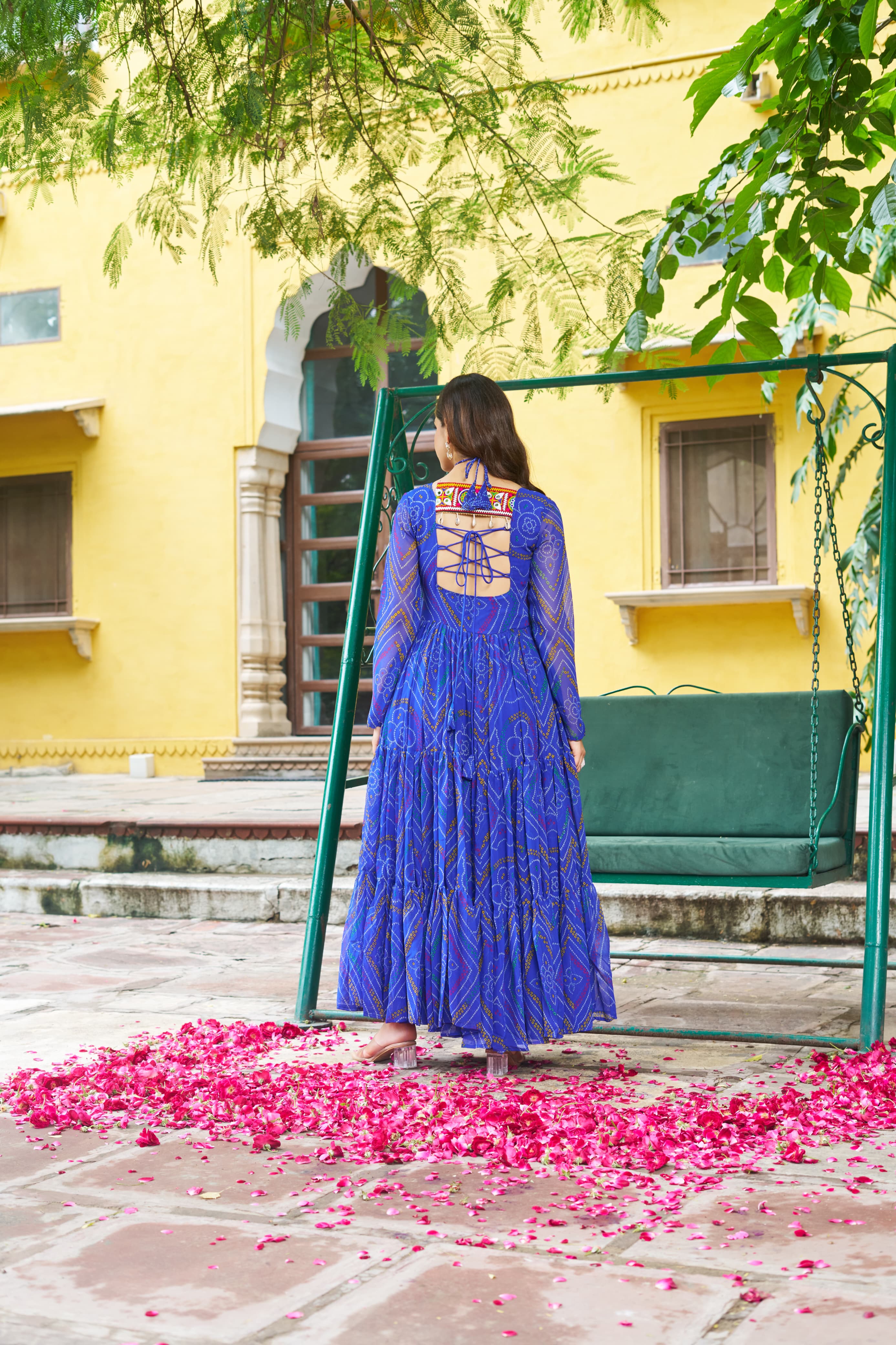 Bandhani Printed Navratri Long Gown with Kutchi Embroidered Yoke – Multi Colors