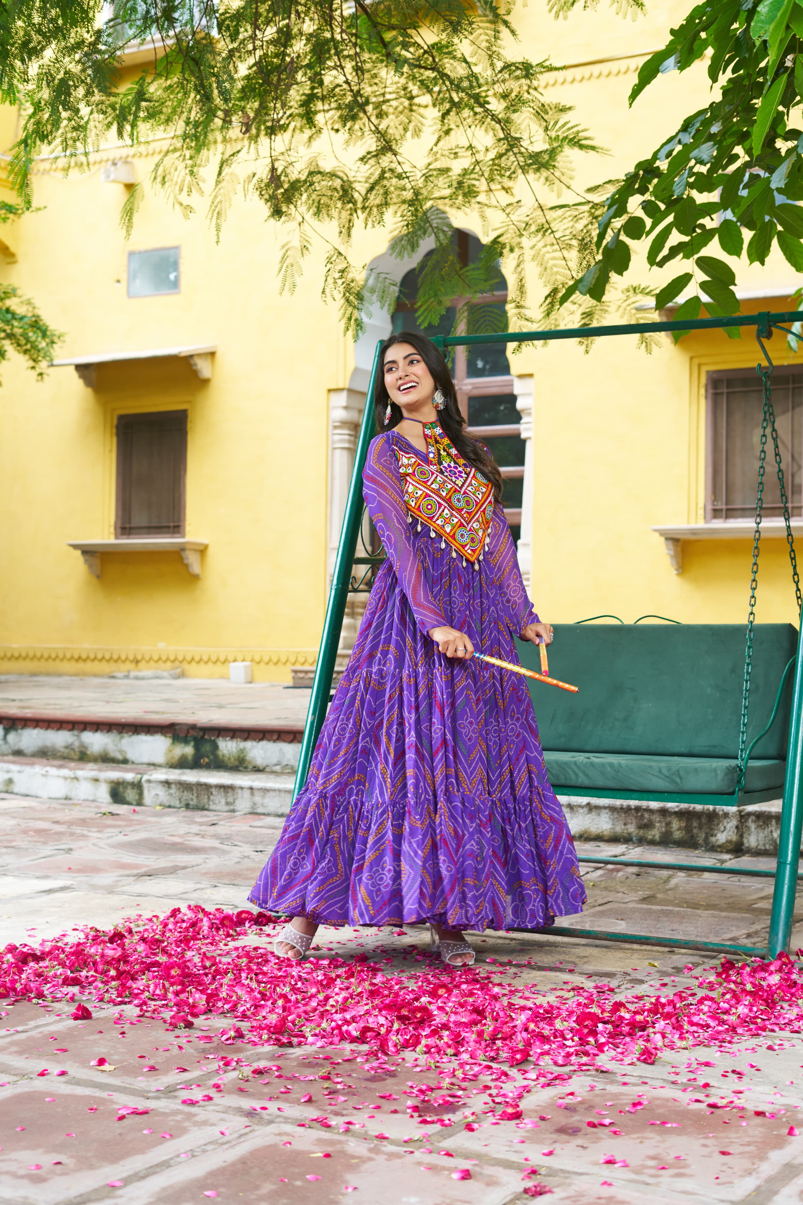 Bandhani Printed Navratri Long Gown with Kutchi Embroidered Yoke – Multi Colors