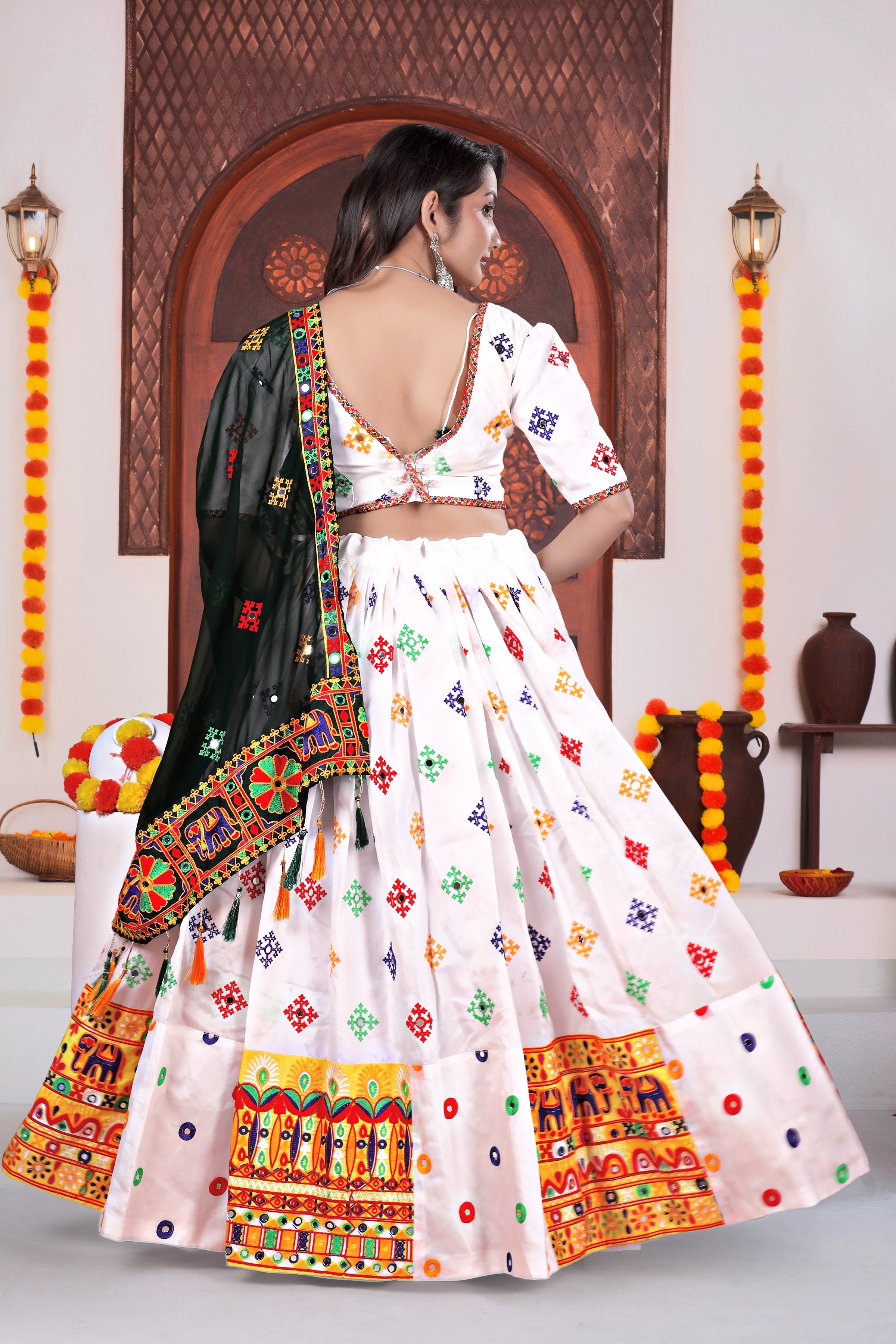 Royal Navratri Special White Chaniya Choli with Black Dupatta