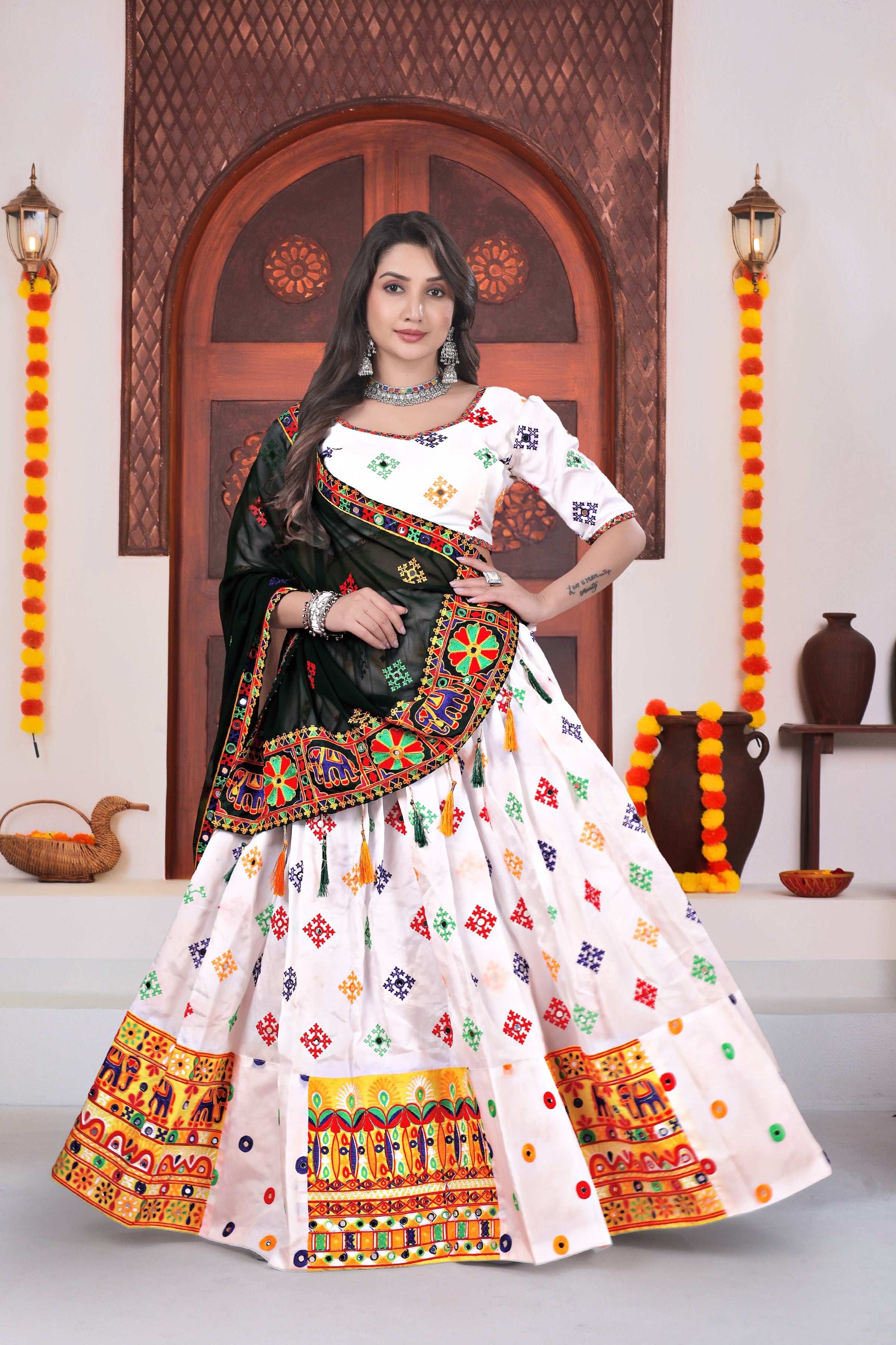 Royal Navratri Special White Chaniya Choli with Black Dupatta