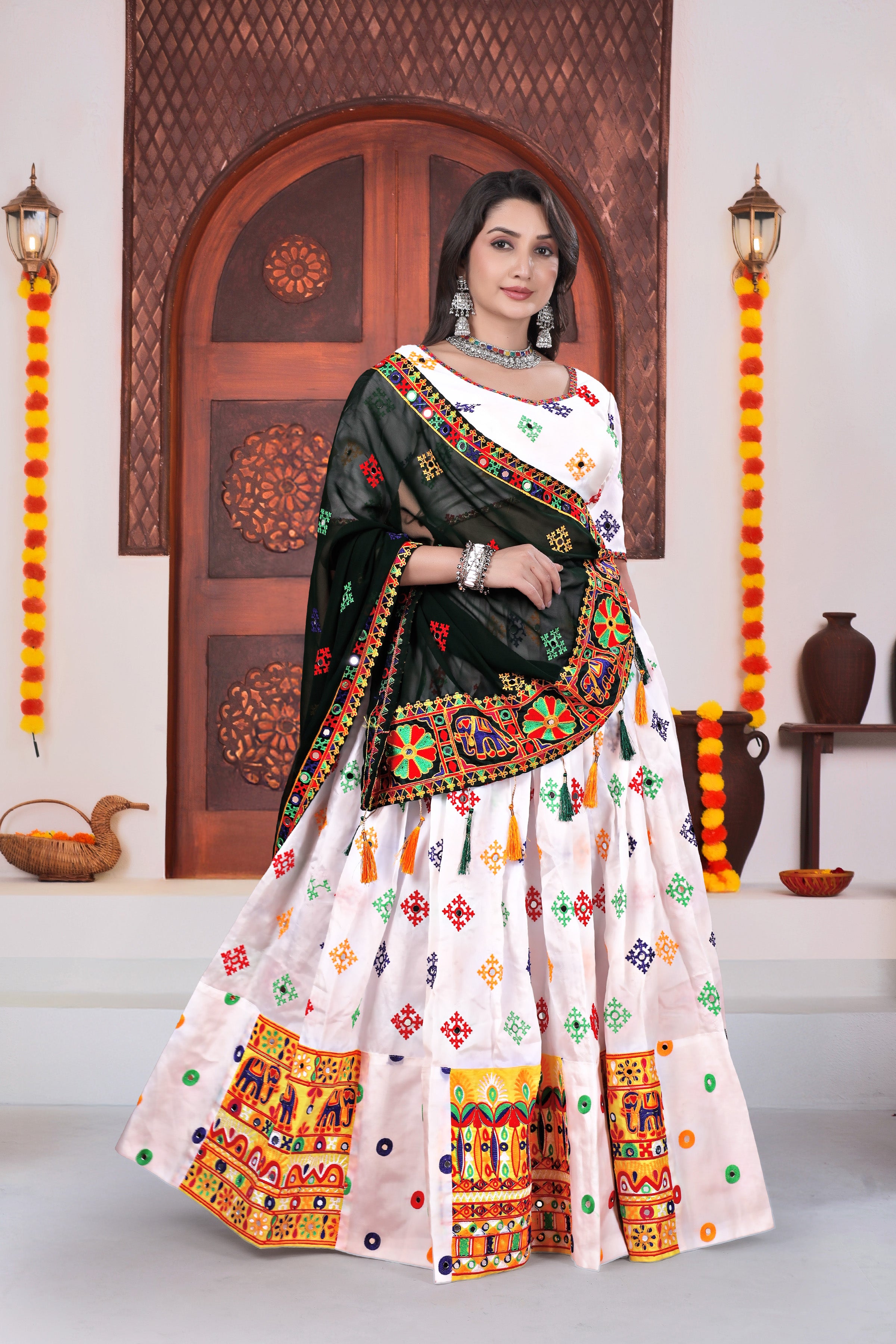 Royal Navratri Special White Chaniya Choli with Black Dupatta