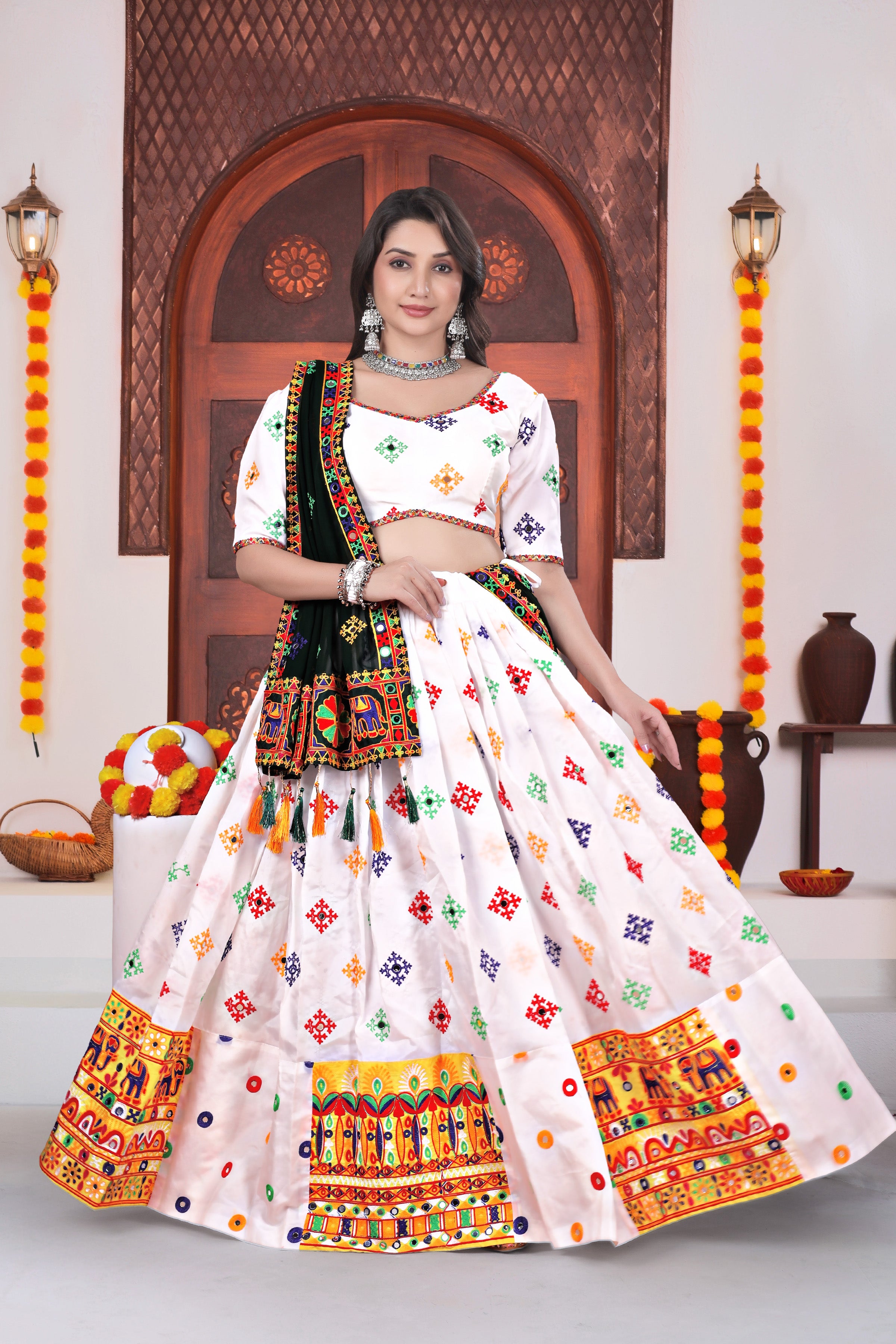 Royal Navratri Special White Chaniya Choli with Black Dupatta