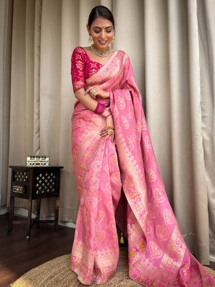 Light pink jacquard printed saree