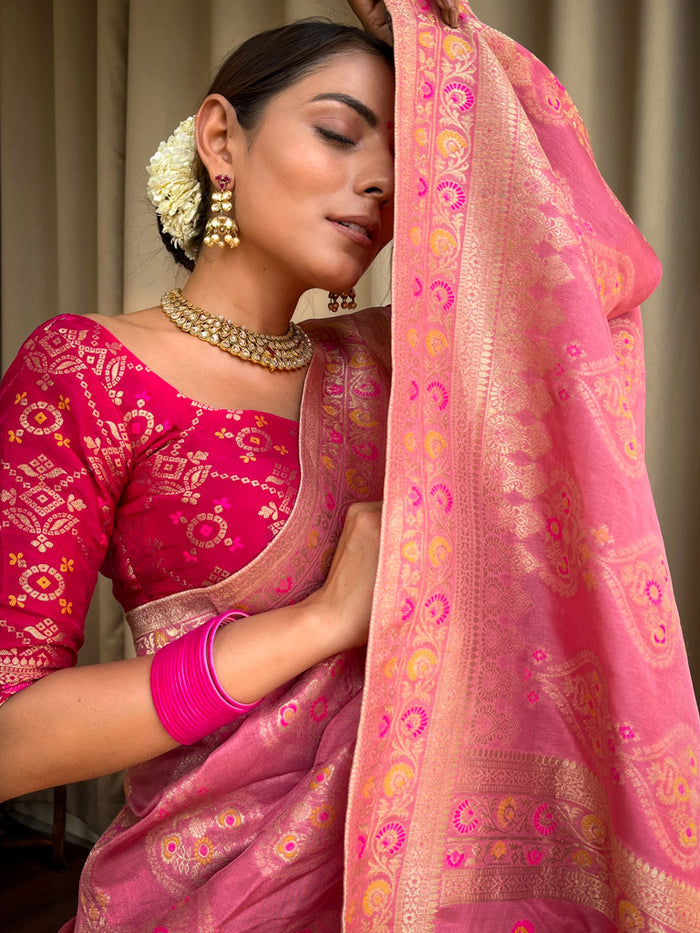 Light pink jacquard printed saree