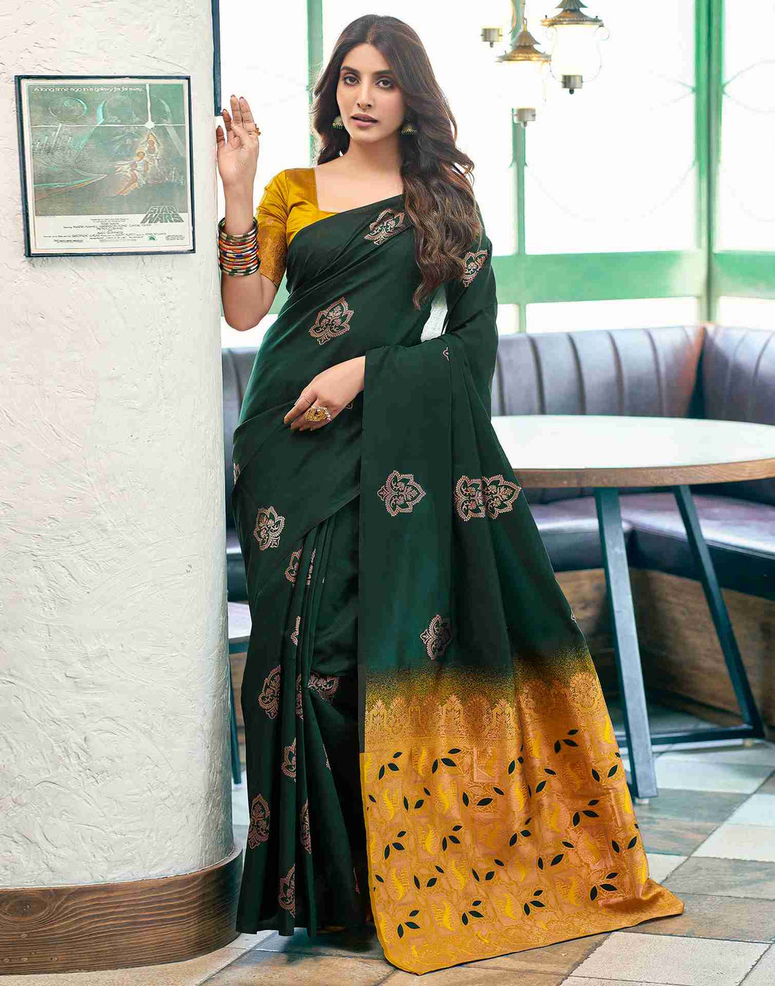 Green jacquard printed premium saree