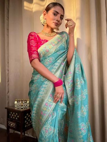 Sky printed jacquard saree