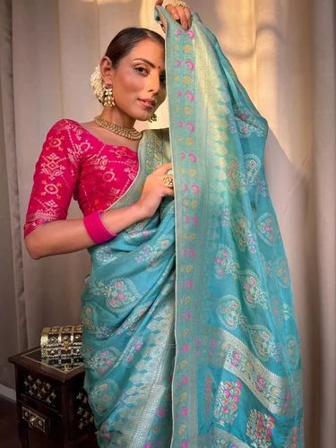 Sky printed jacquard saree