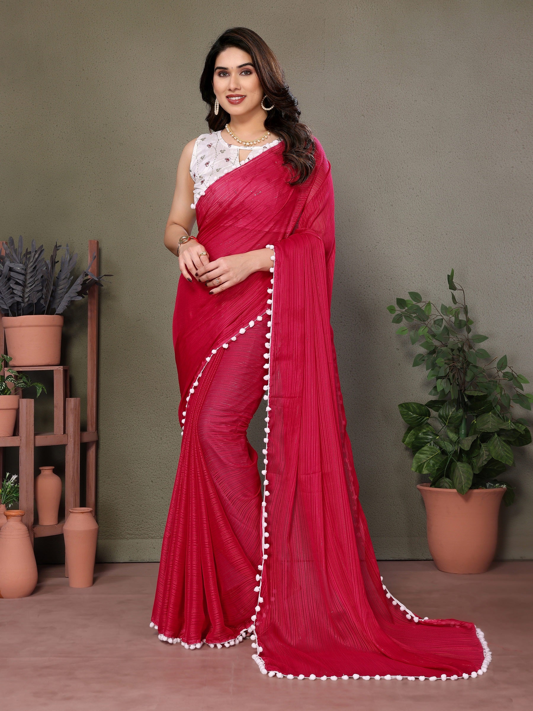 Cherry Red Saree with White Pom-Pom Lace & Embroidered Blouse