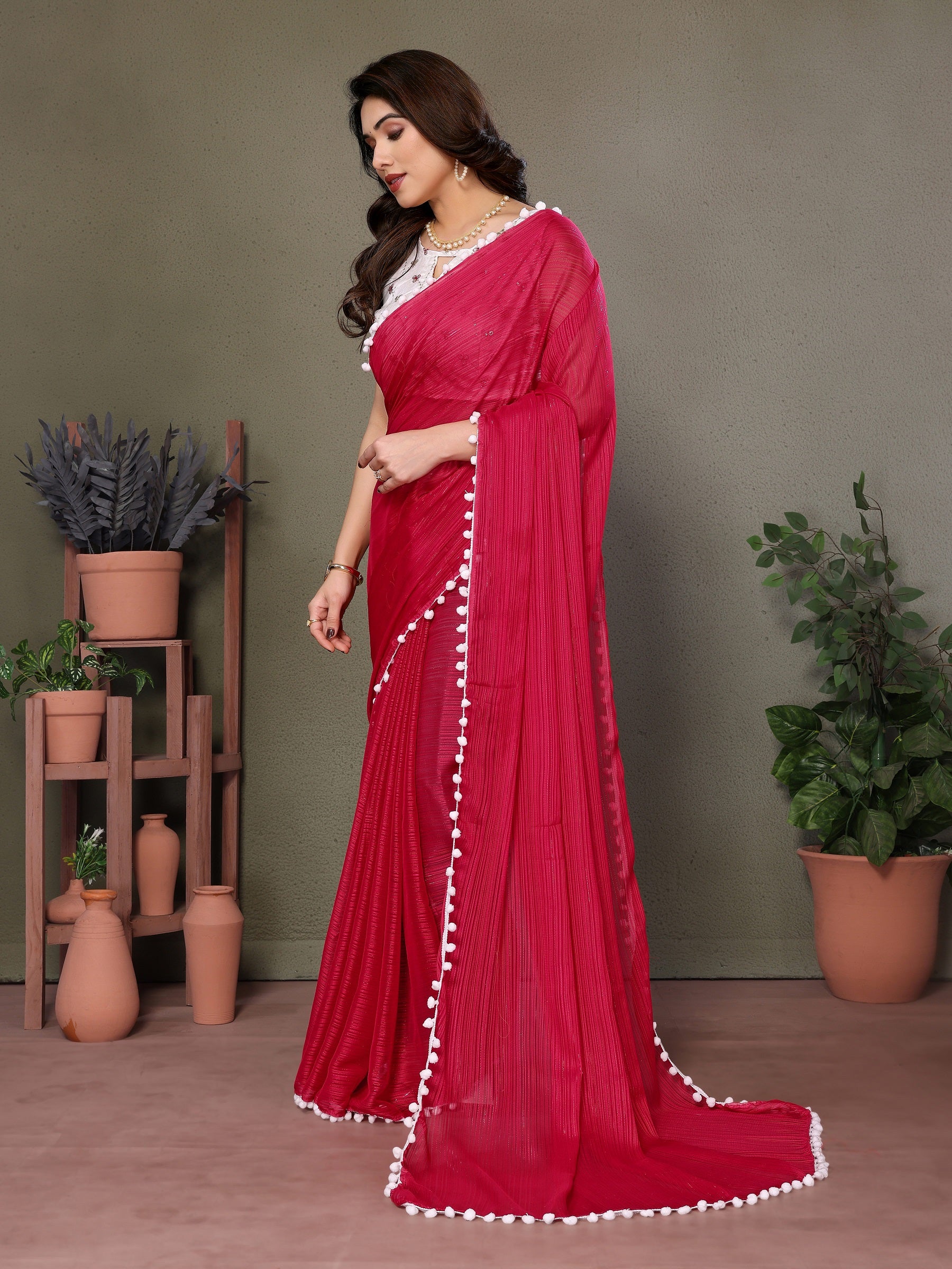 Cherry Red Saree with White Pom-Pom Lace & Embroidered Blouse