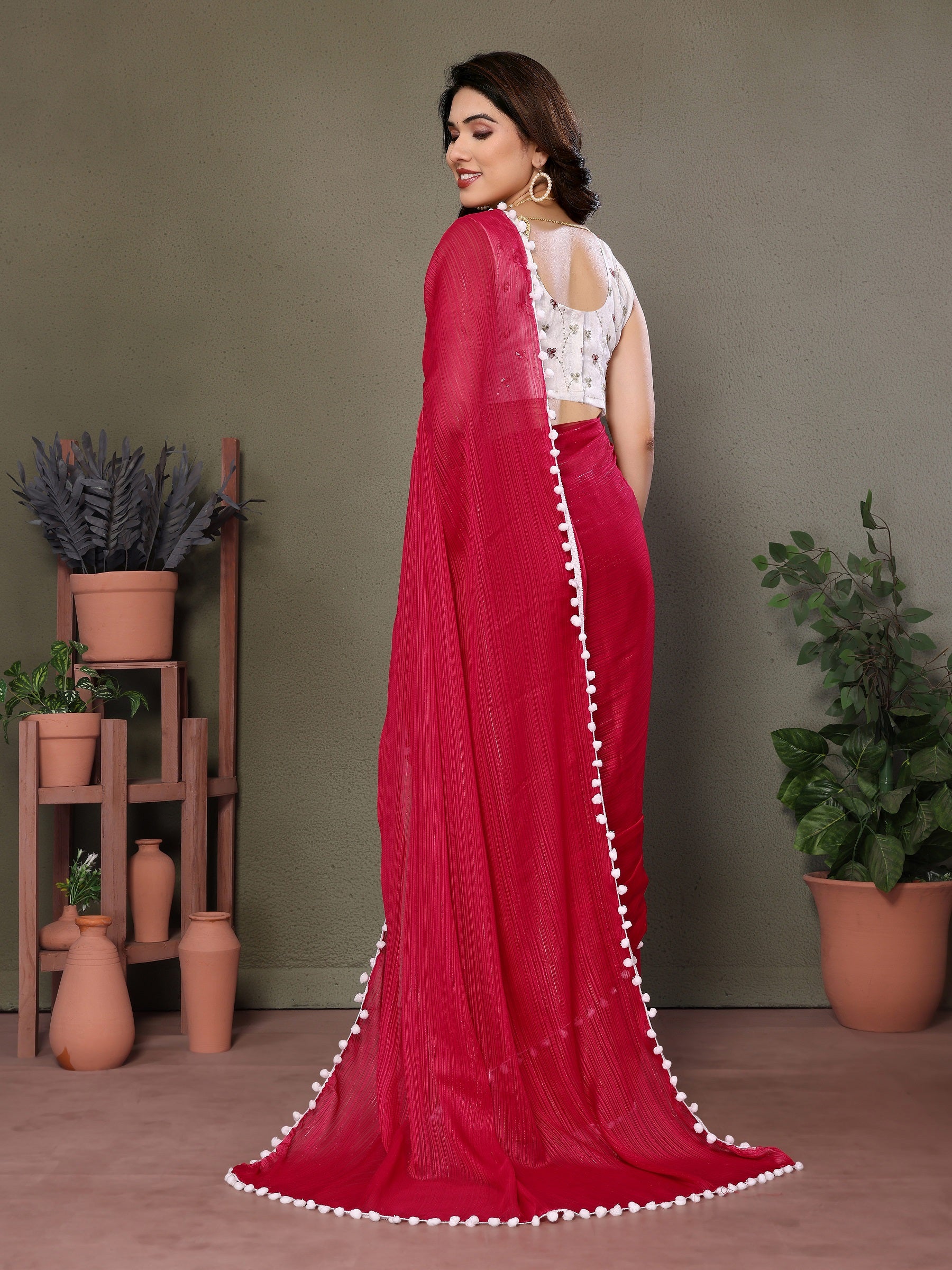 Cherry Red Saree with White Pom-Pom Lace & Embroidered Blouse