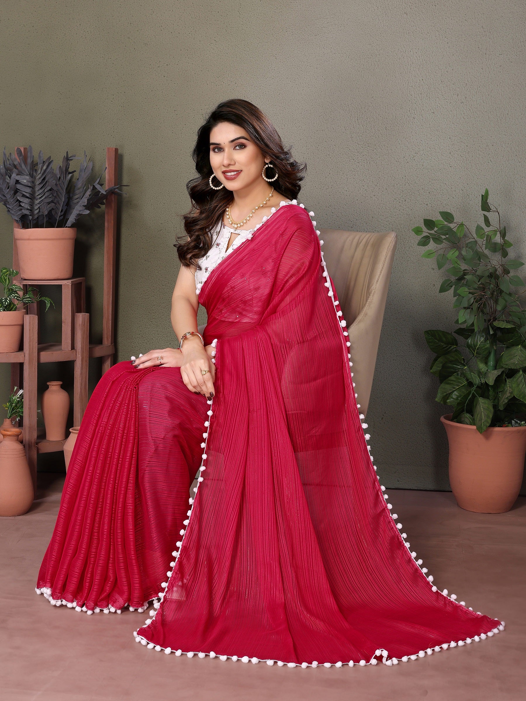 Cherry Red Saree with White Pom-Pom Lace & Embroidered Blouse