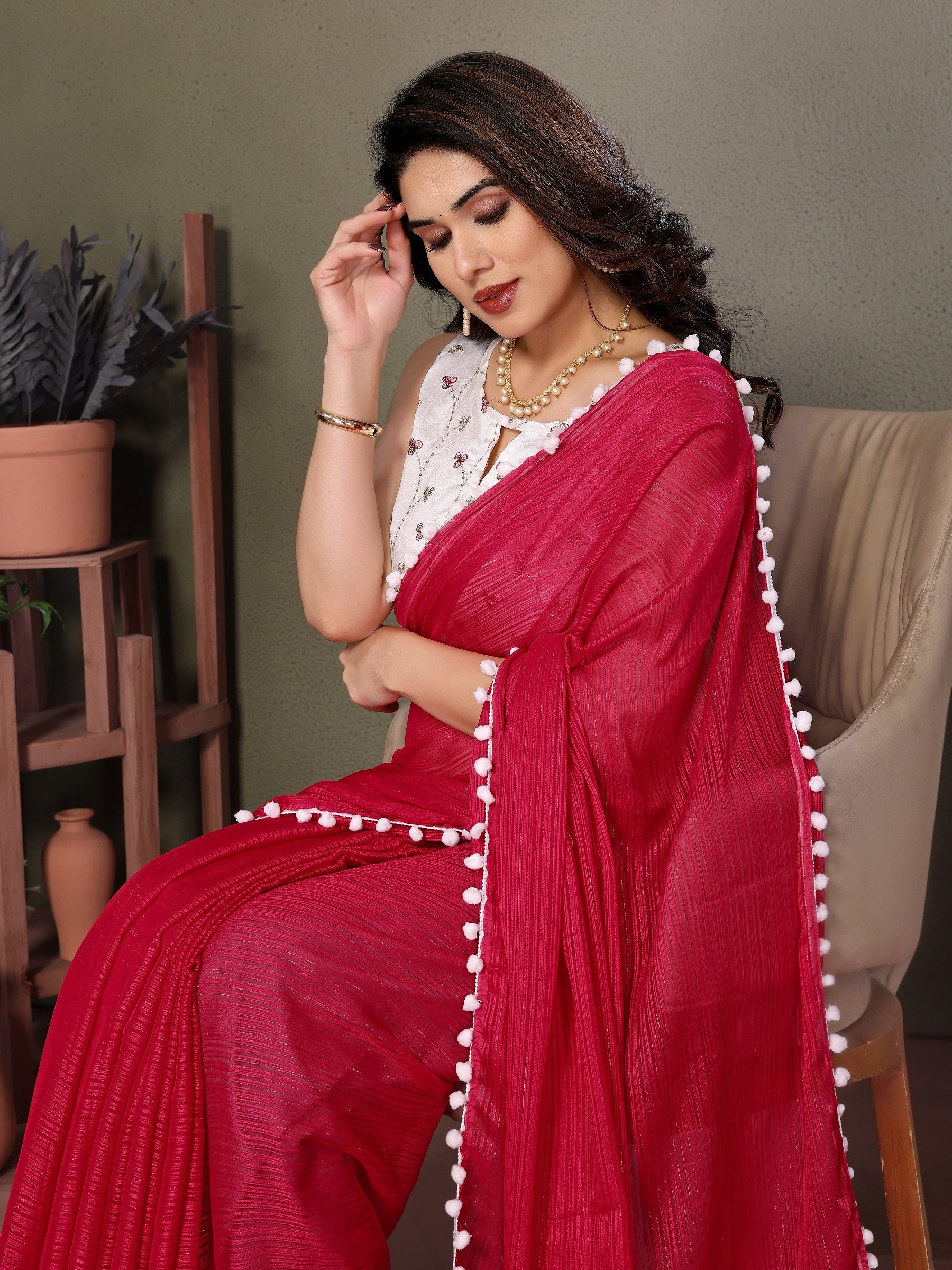 Cherry Red Saree with White Pom-Pom Lace & Embroidered Blouse