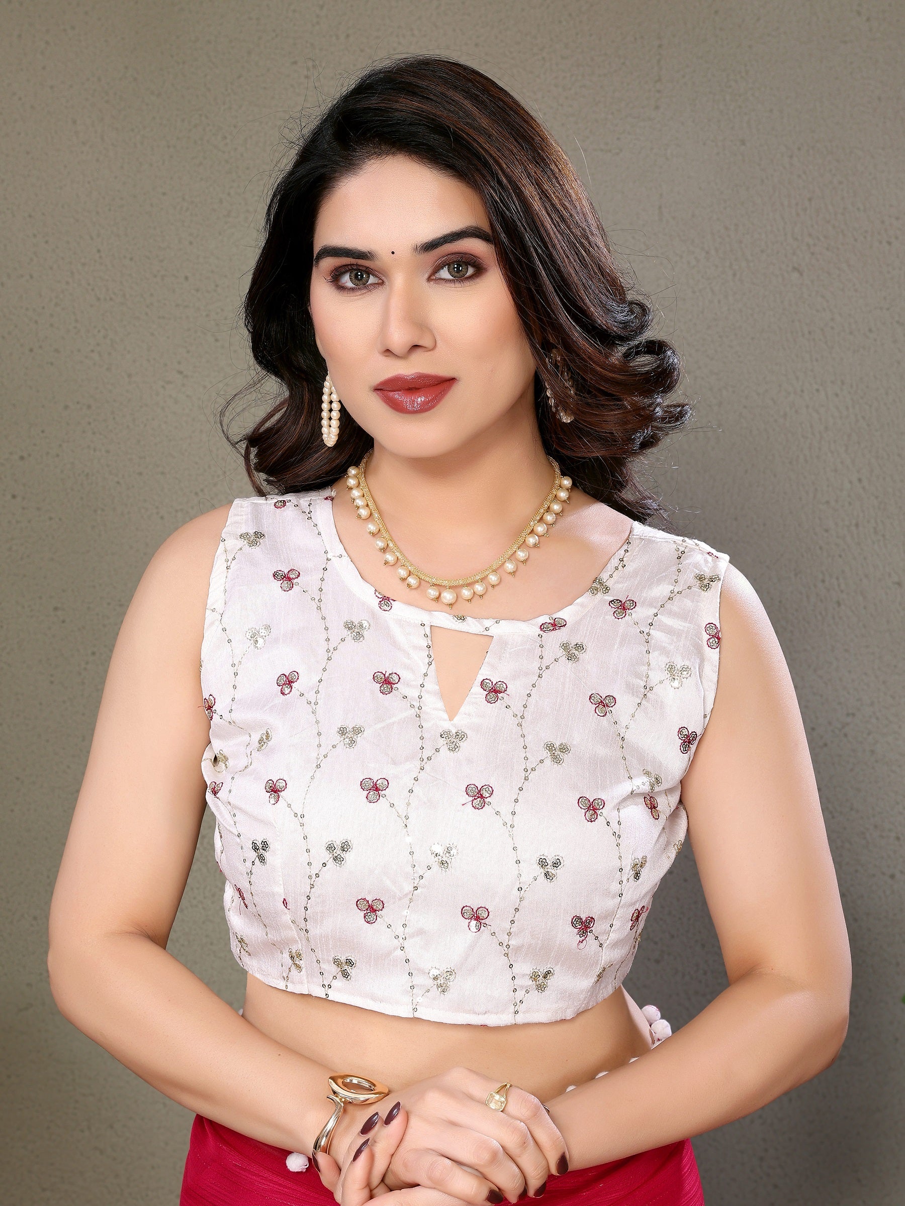 Cherry Red Saree with White Pom-Pom Lace & Embroidered Blouse