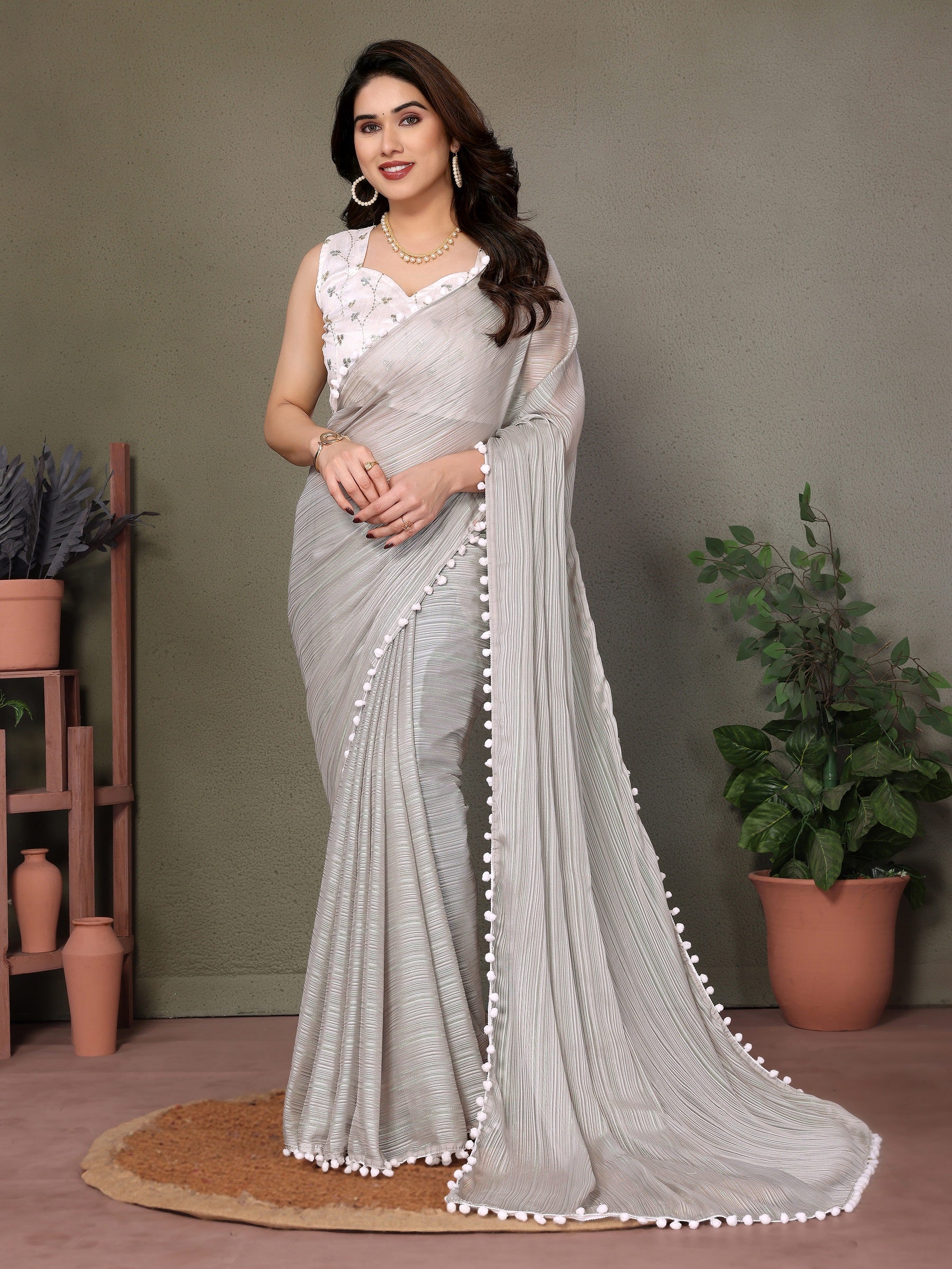 Elegant Grey Pleated Saree with White Pom-Pom Lace & Designer Blouse