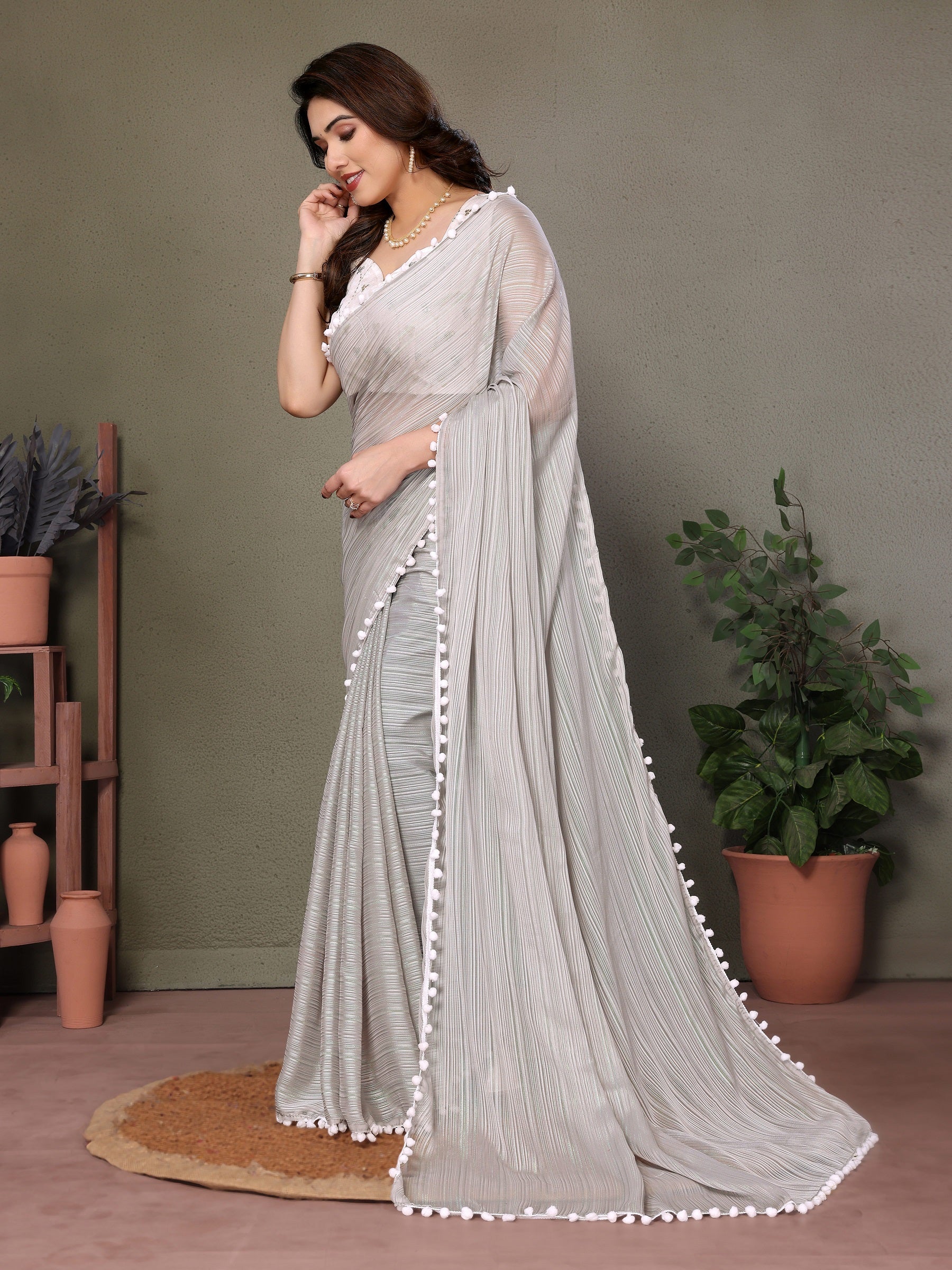 Elegant Grey Pleated Saree with White Pom-Pom Lace & Designer Blouse