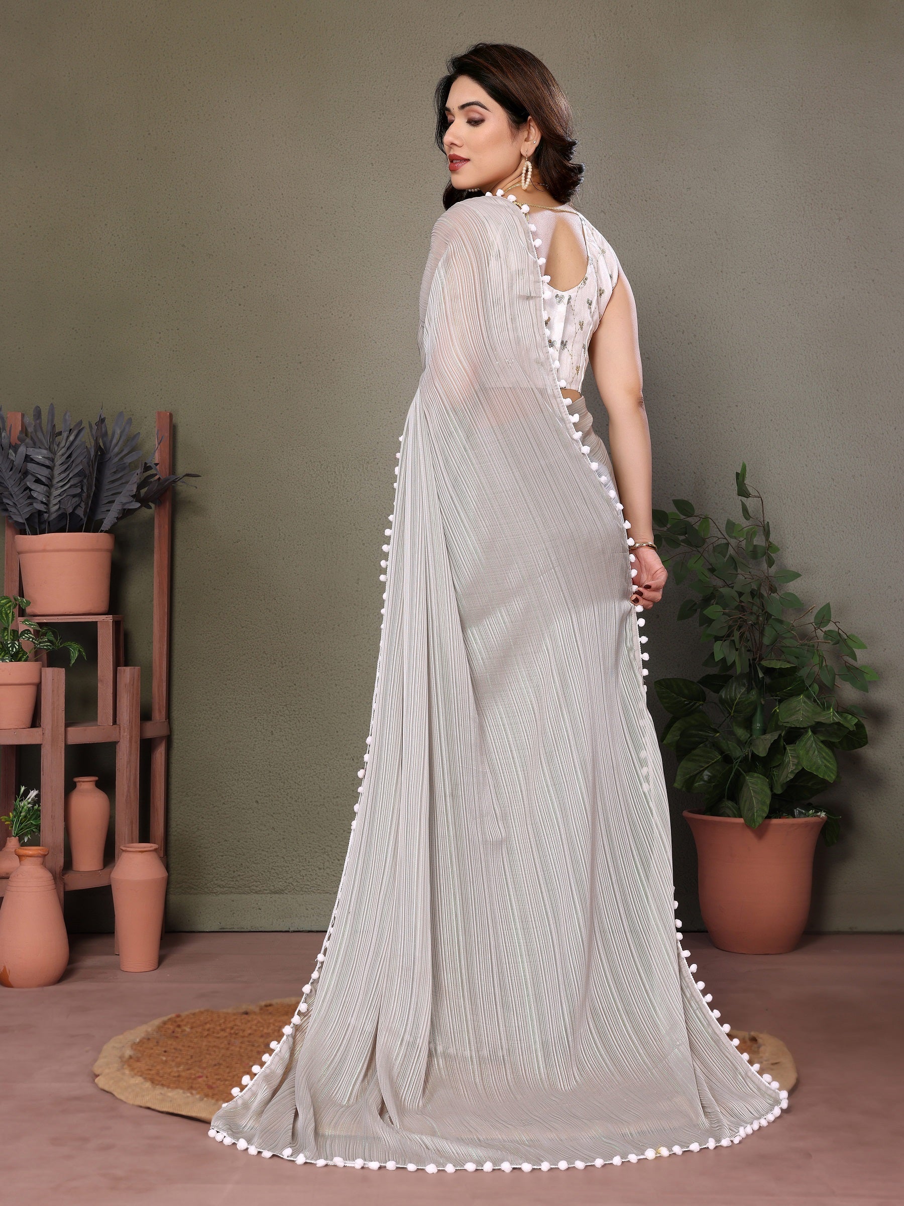 Elegant Grey Pleated Saree with White Pom-Pom Lace & Designer Blouse