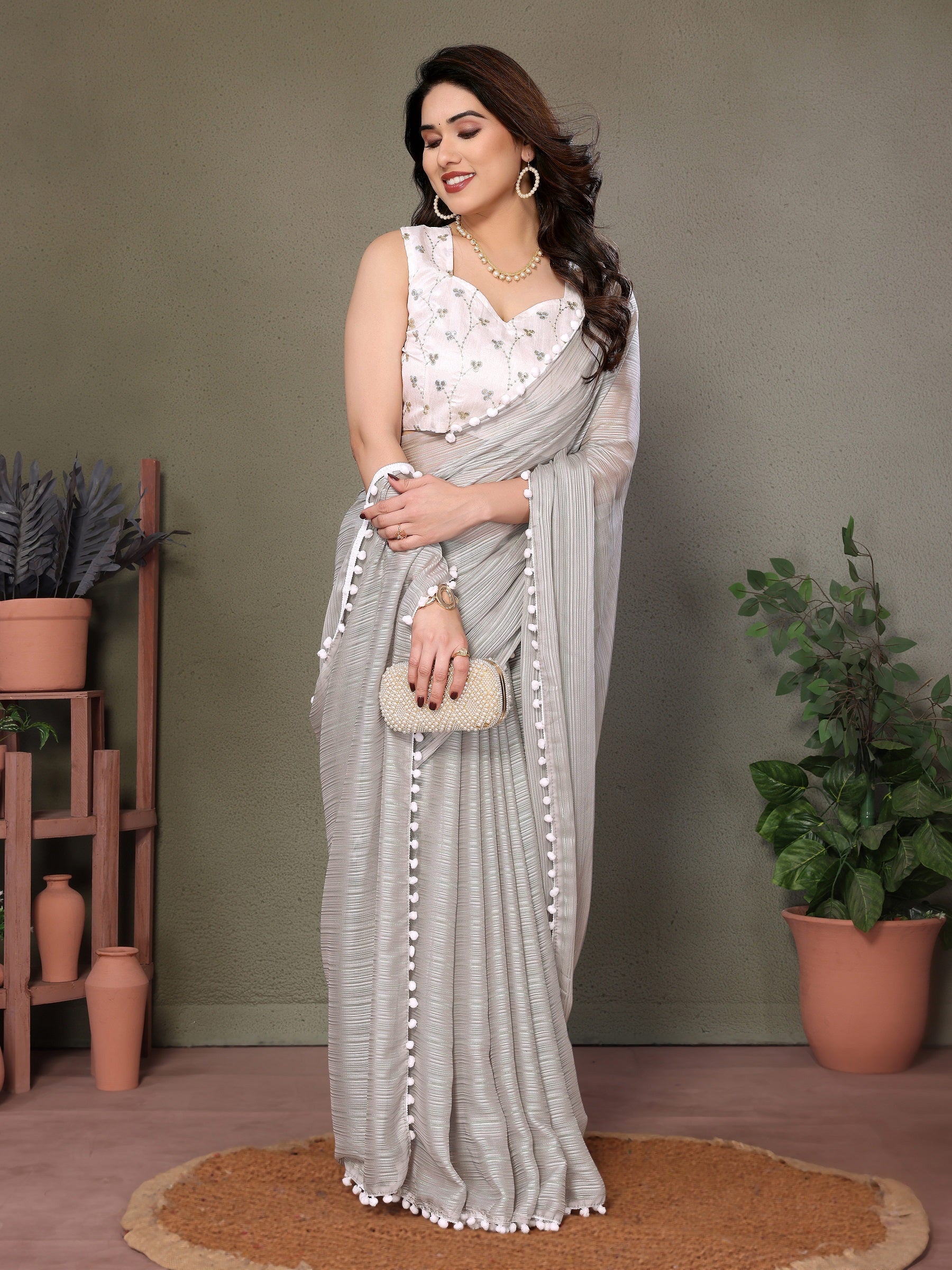Elegant Grey Pleated Saree with White Pom-Pom Lace & Designer Blouse