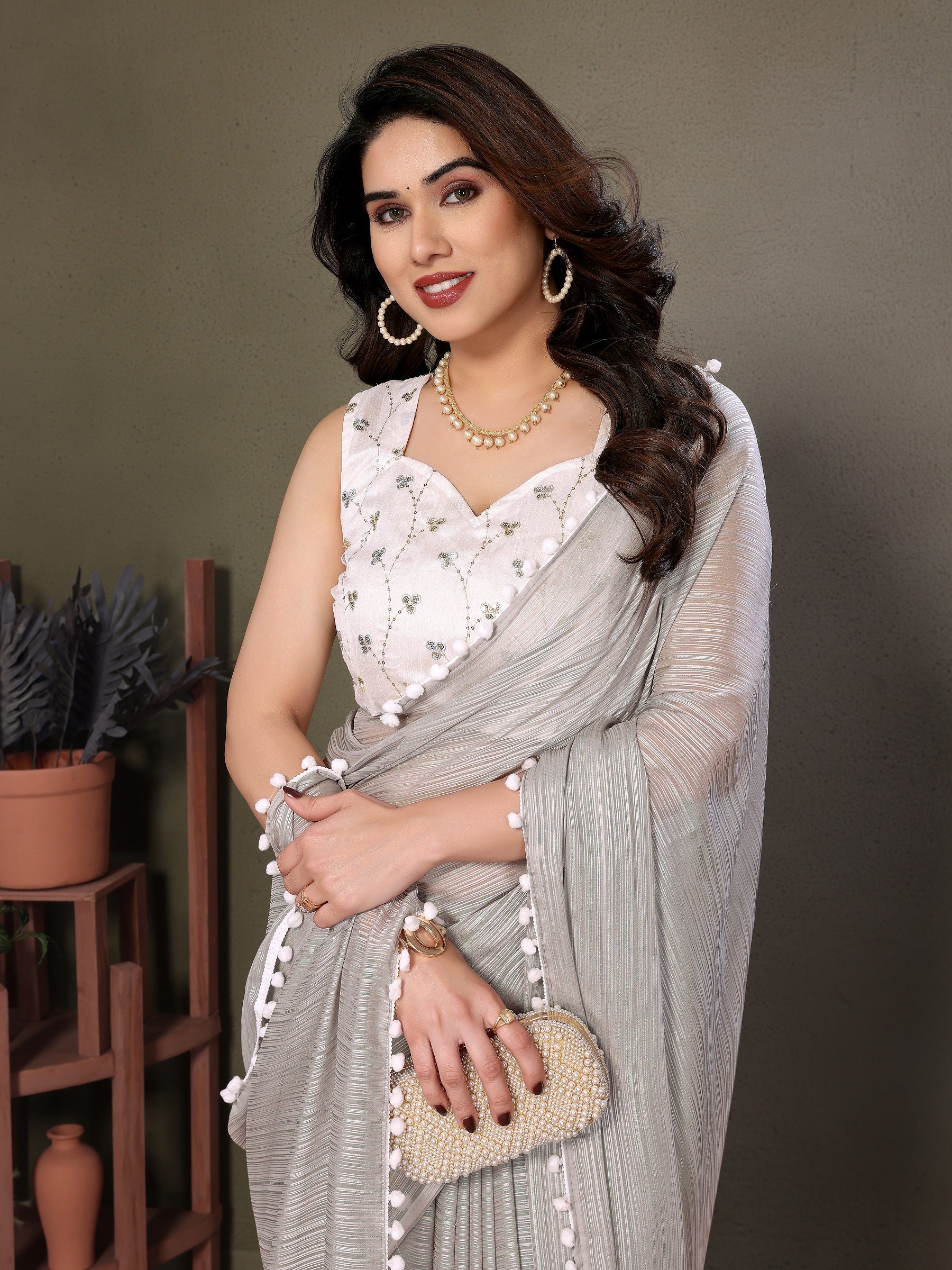Elegant Grey Pleated Saree with White Pom-Pom Lace & Designer Blouse