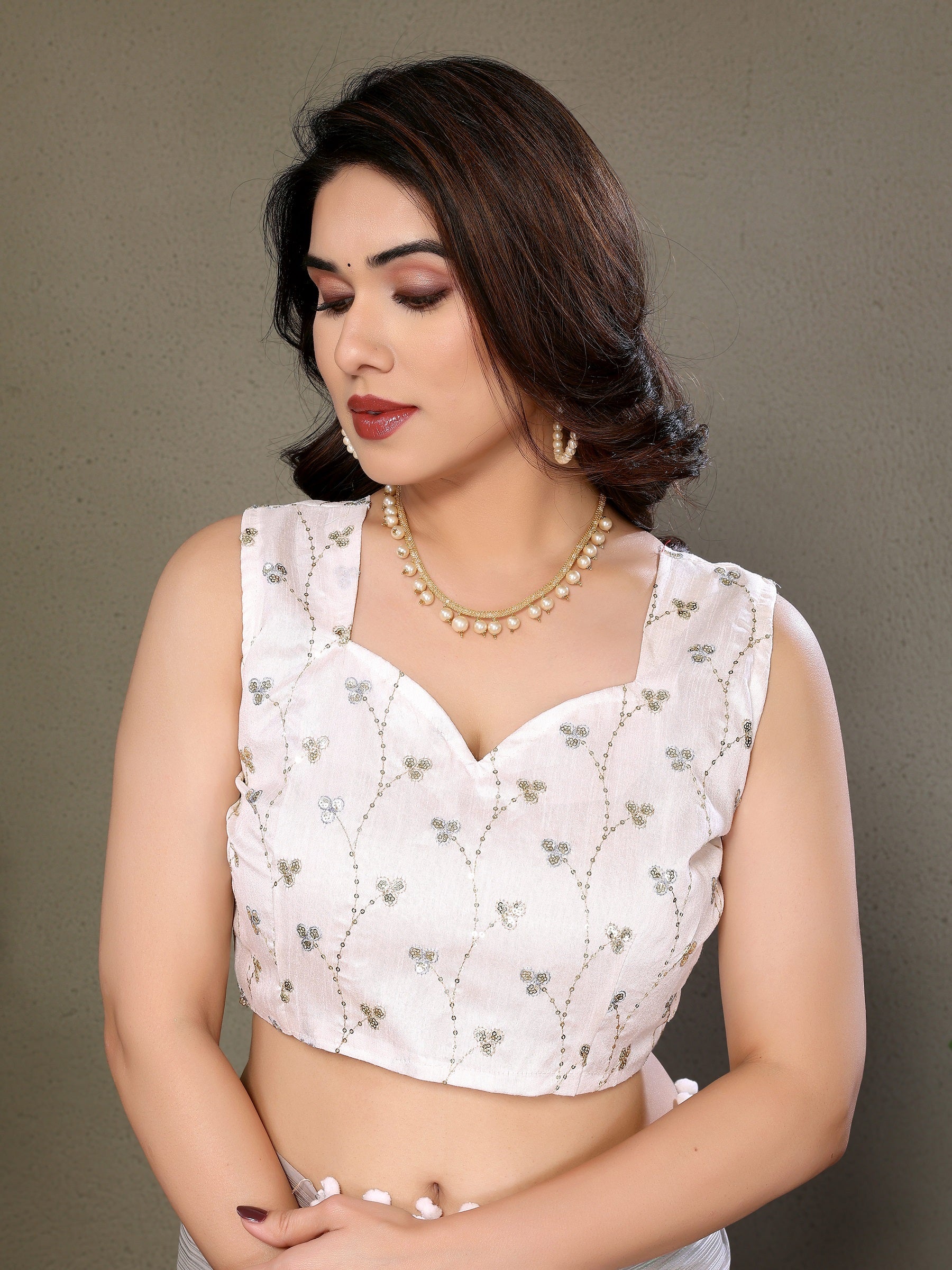 Elegant Grey Pleated Saree with White Pom-Pom Lace & Designer Blouse