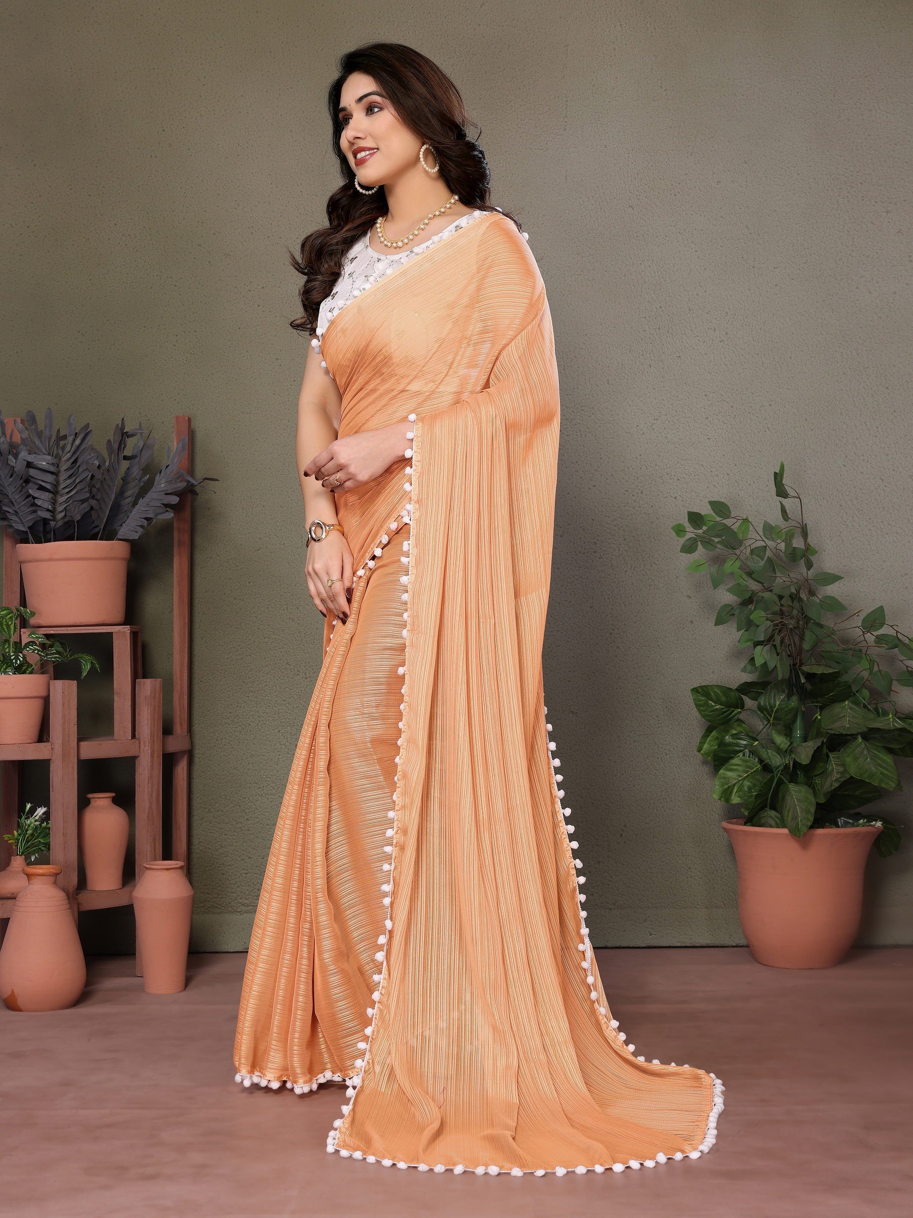 Peach Pleated Saree with Pom-Pom Lace & White Embroidered Blouse