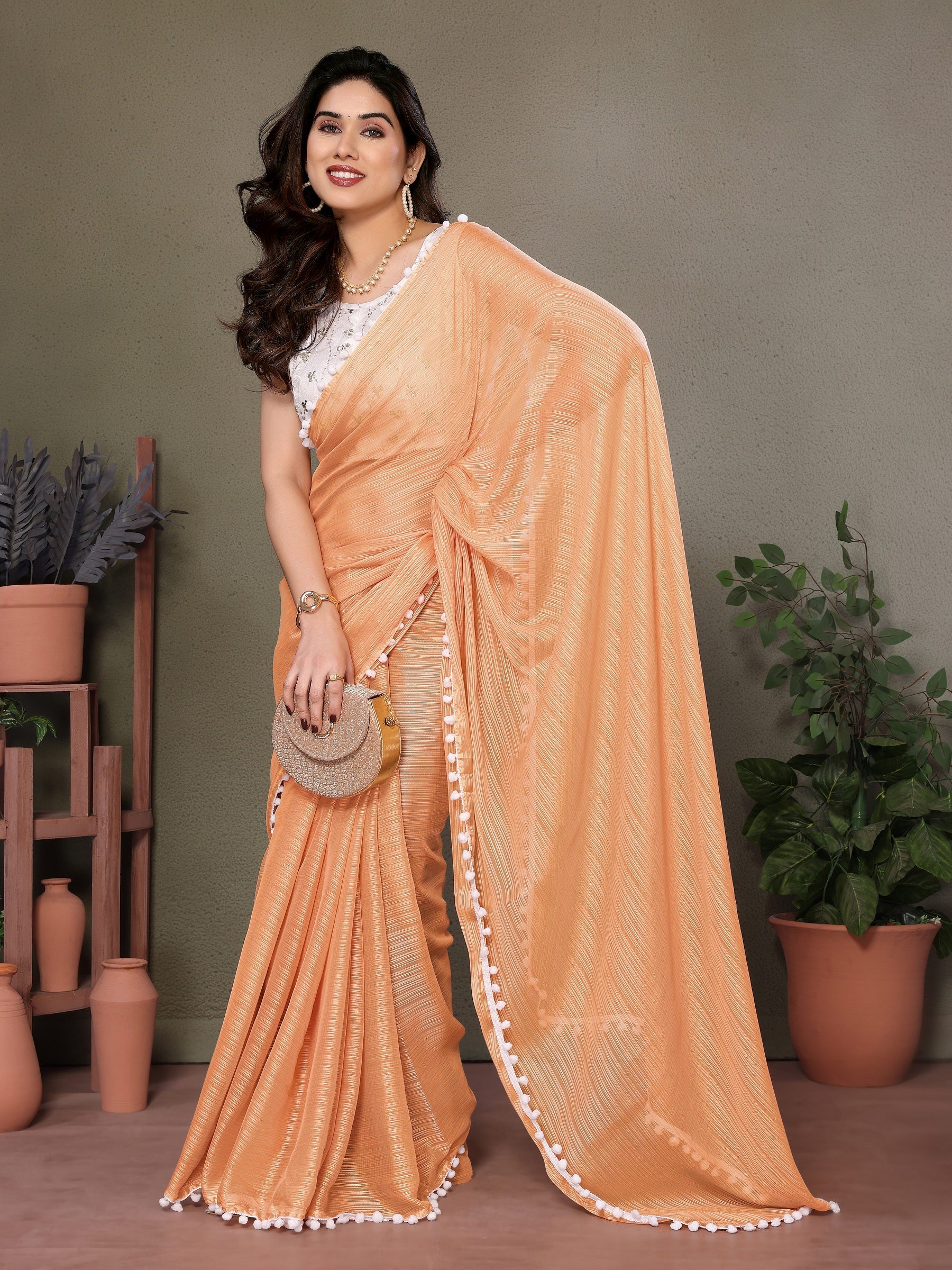 Peach Pleated Saree with Pom-Pom Lace & White Embroidered Blouse