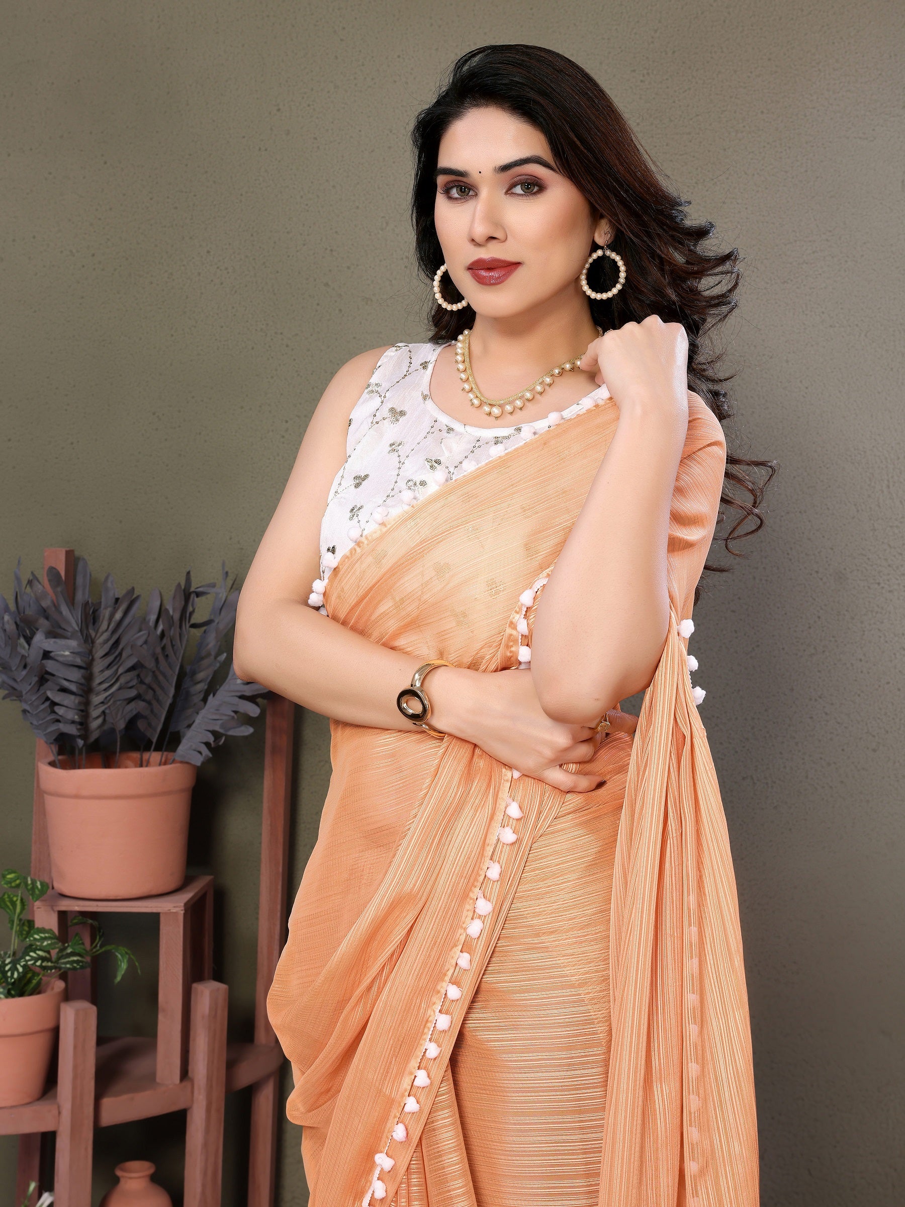Peach Pleated Saree with Pom-Pom Lace & White Embroidered Blouse