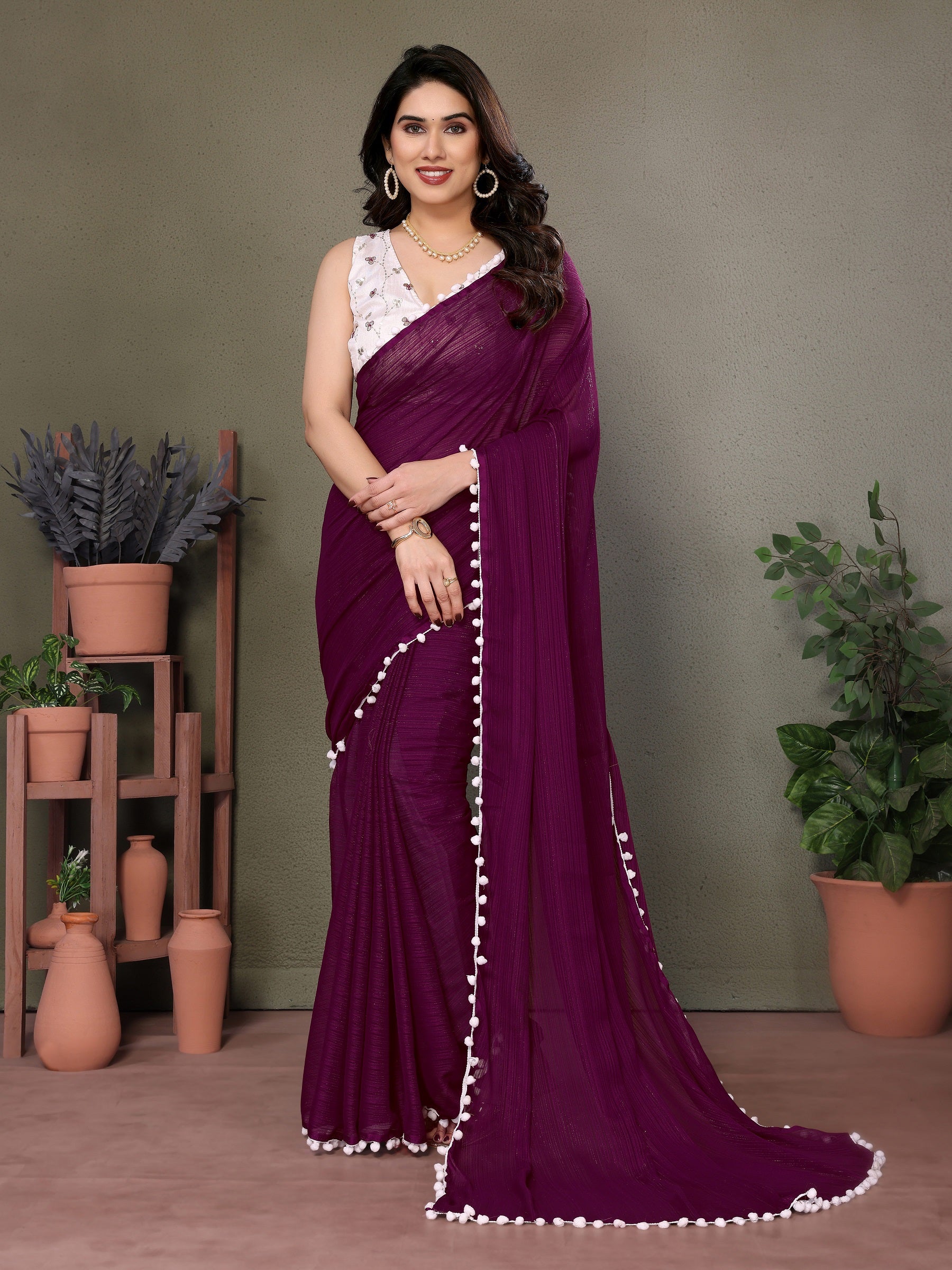Royal Purple Pleated Saree with White Pom-Pom Detailing