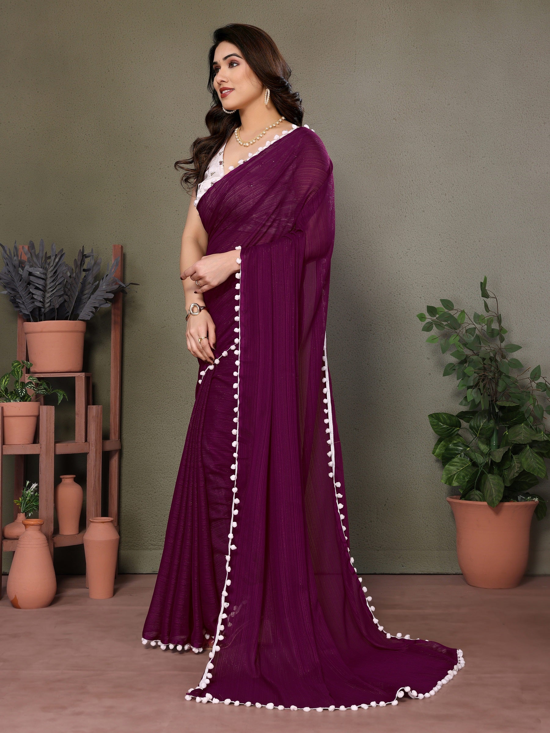 Royal Purple Pleated Saree with White Pom-Pom Detailing