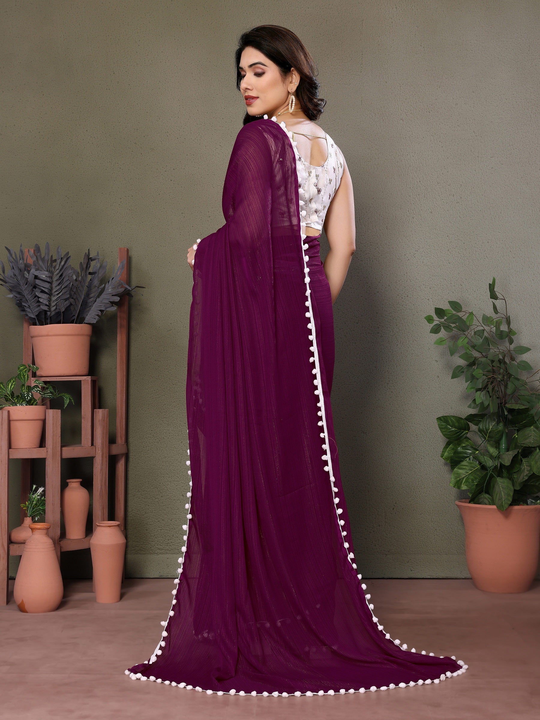 Royal Purple Pleated Saree with White Pom-Pom Detailing