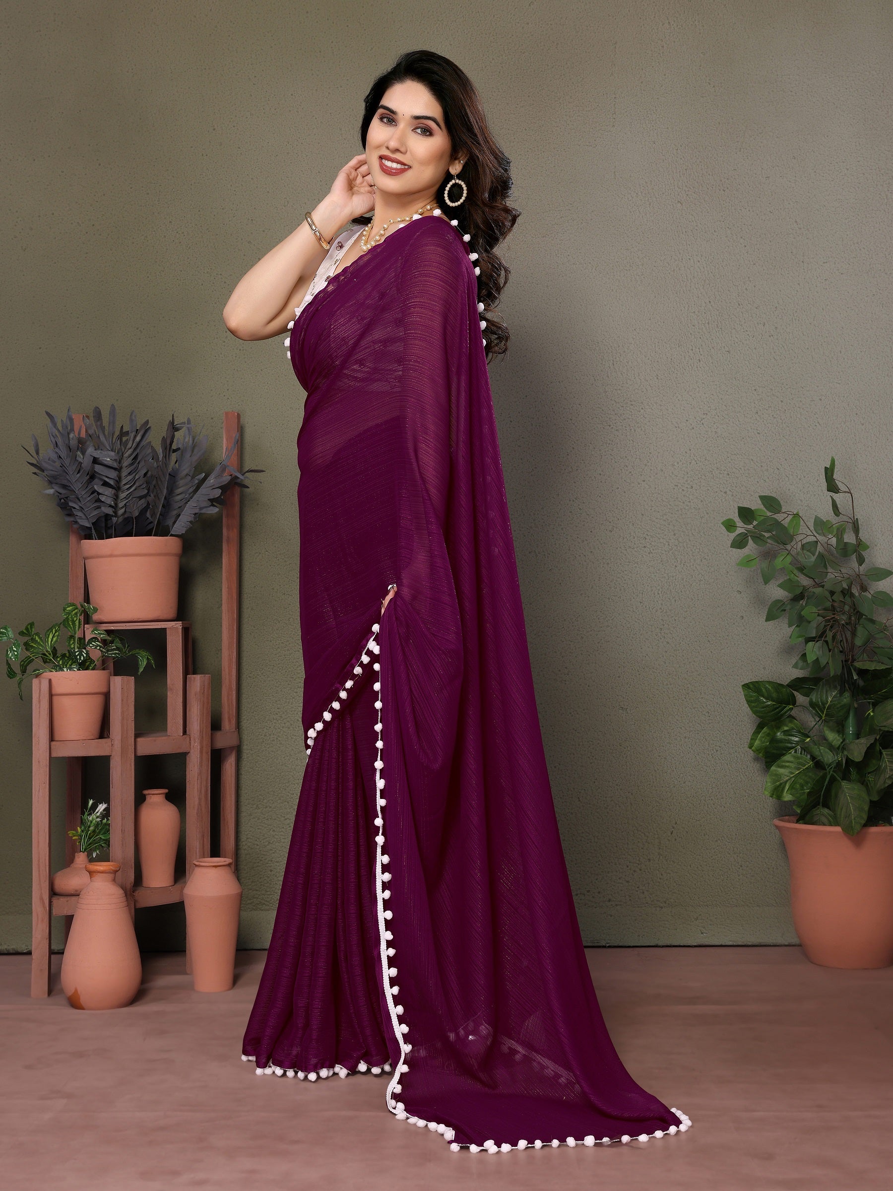 Royal Purple Pleated Saree with White Pom-Pom Detailing