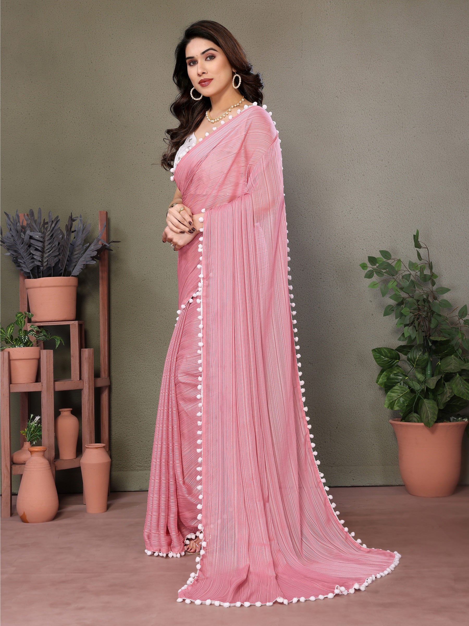 Chic Rose Pink Pleated Saree with White Pom-Pom Border