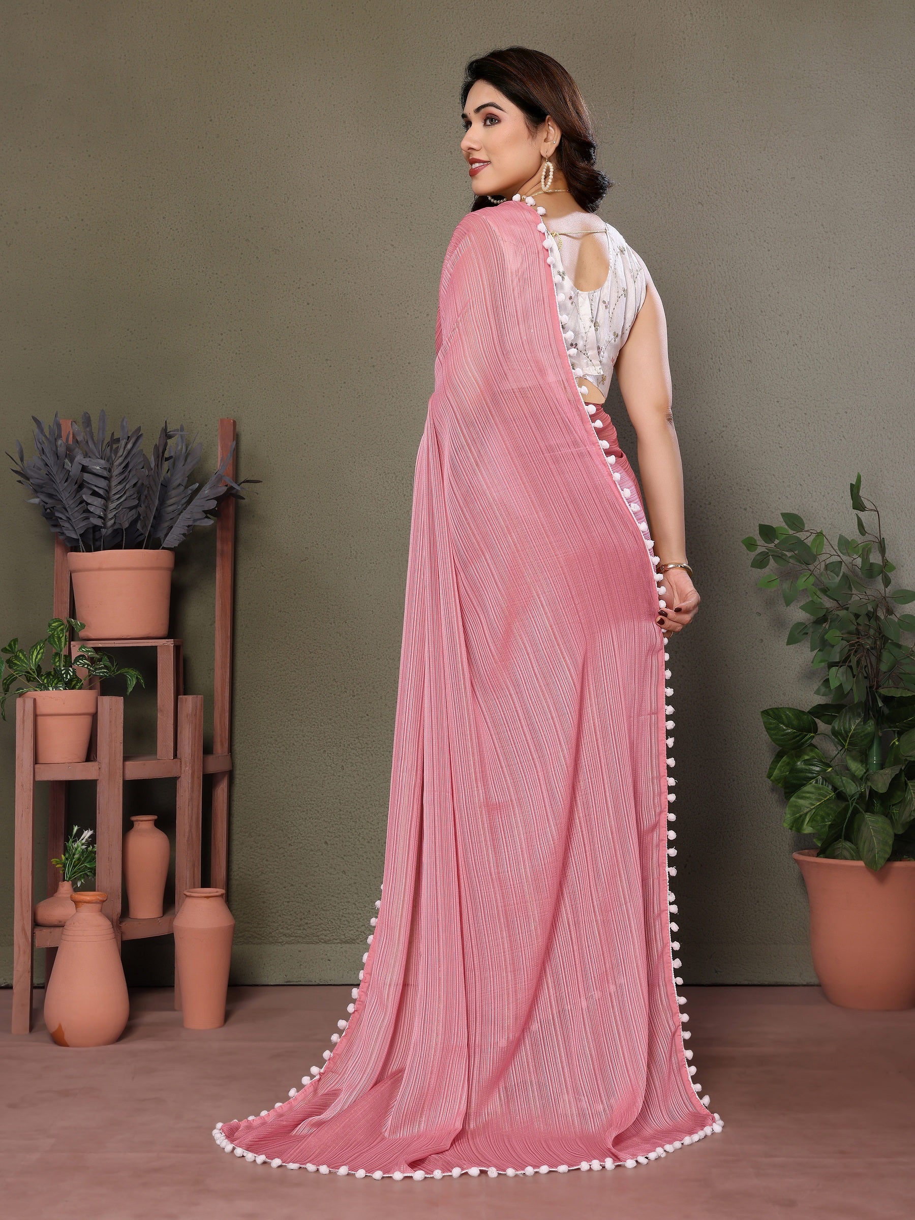 Chic Rose Pink Pleated Saree with White Pom-Pom Border