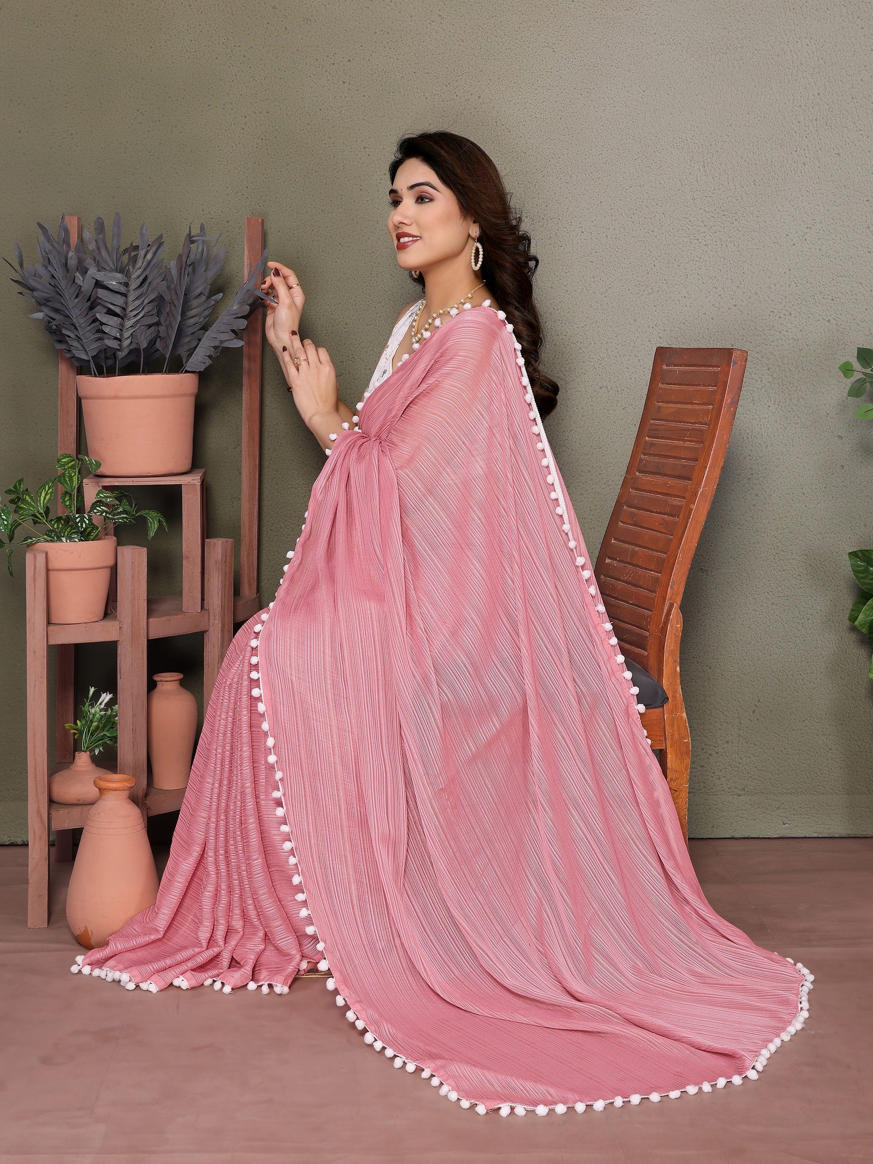 Chic Rose Pink Pleated Saree with White Pom-Pom Border