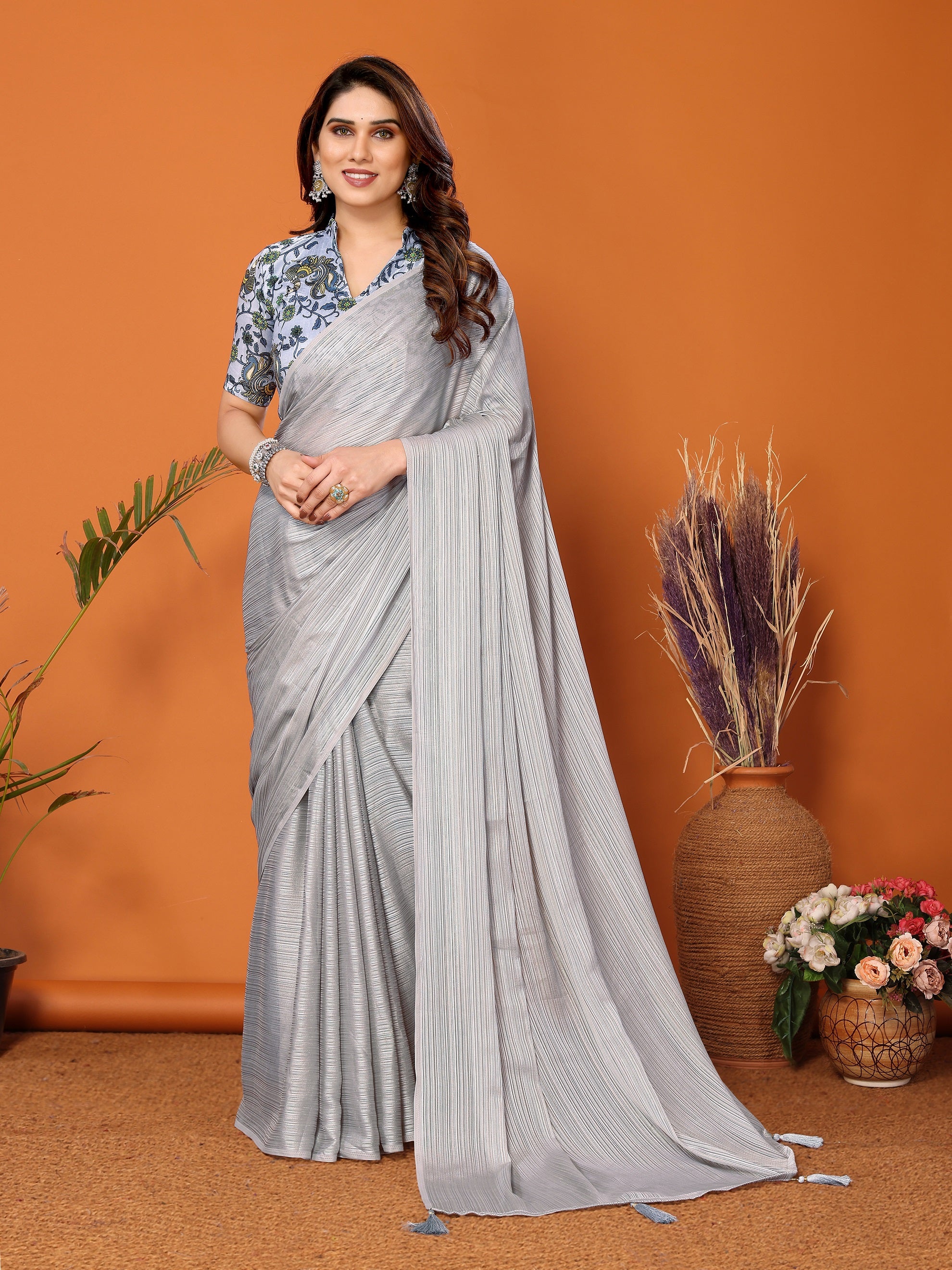 Textured Silver Grey Pleated Saree with Printed Blouse