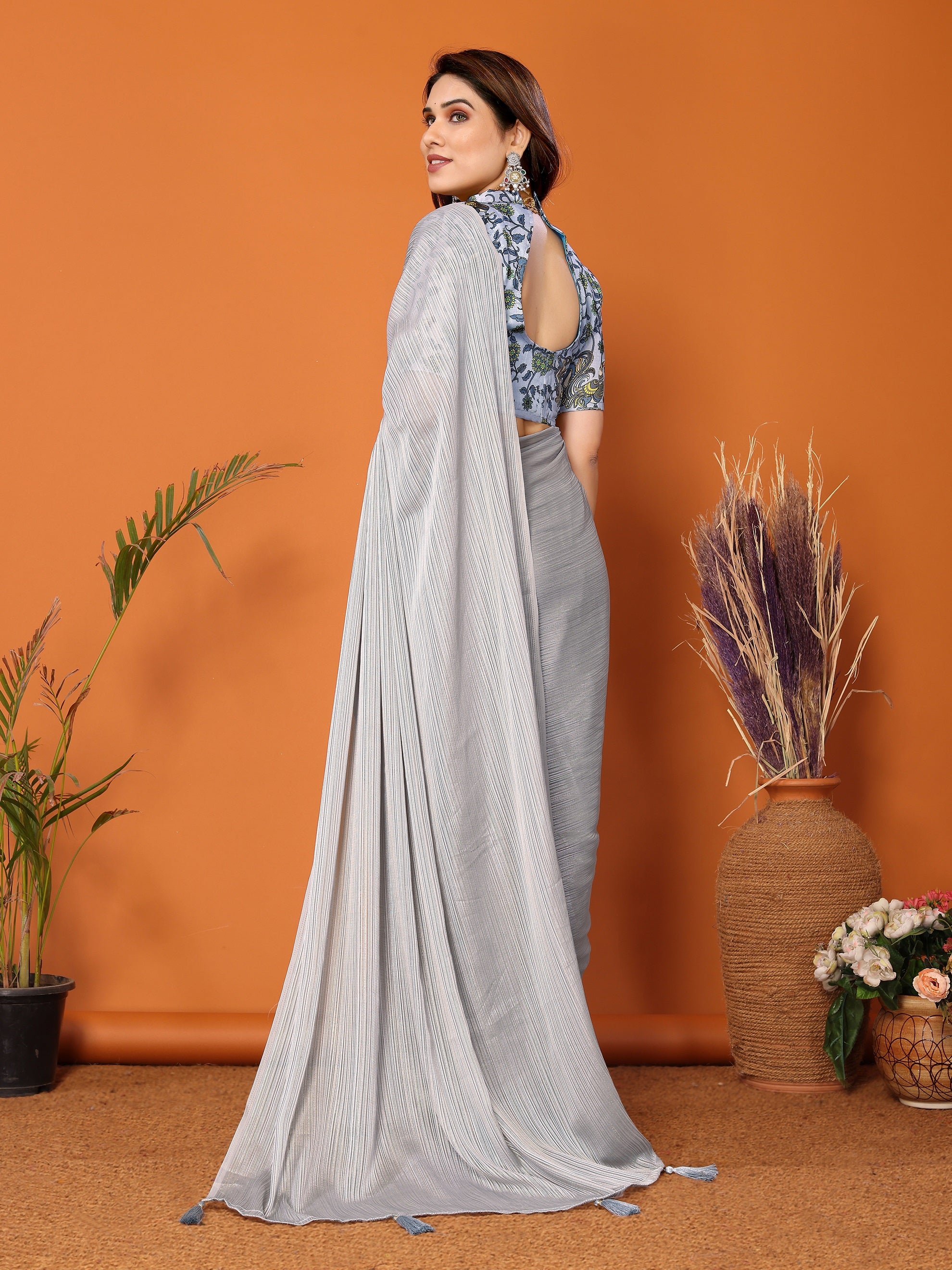 Textured Silver Grey Pleated Saree with Printed Blouse