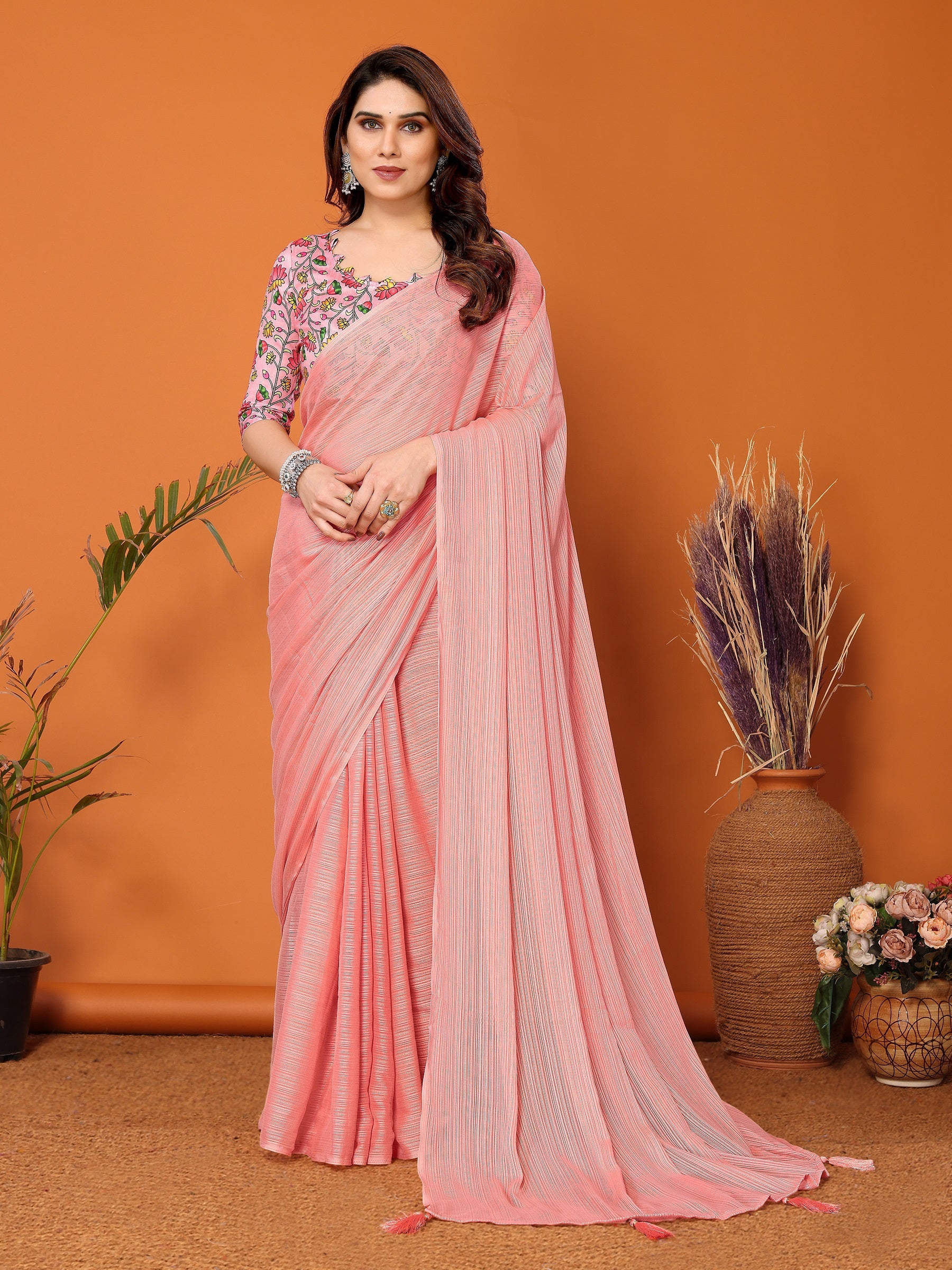 Pastel Pink Designer Saree with Floral Embroidered Blouse