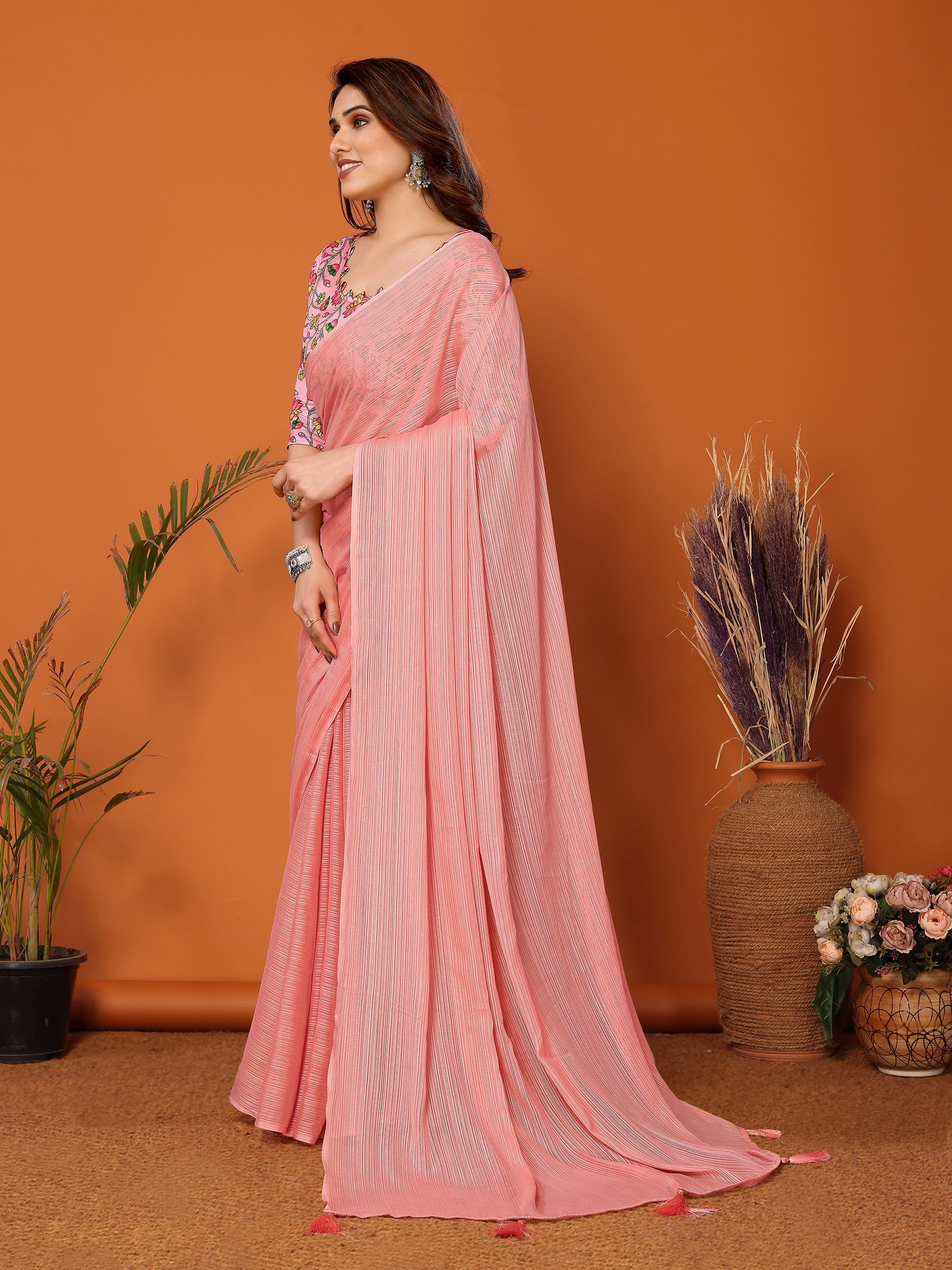 Pastel Pink Designer Saree with Floral Embroidered Blouse