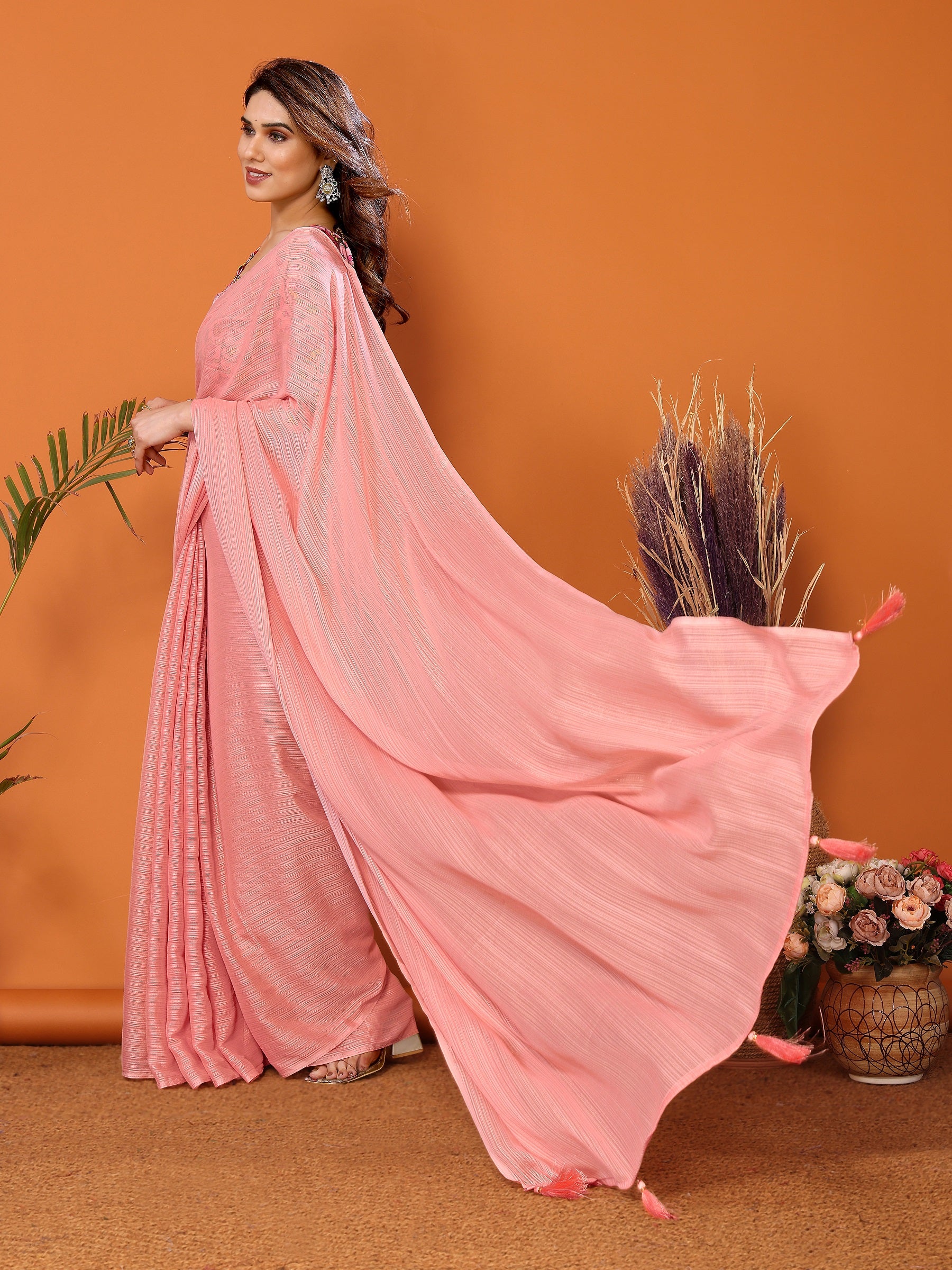 Pastel Pink Designer Saree with Floral Embroidered Blouse