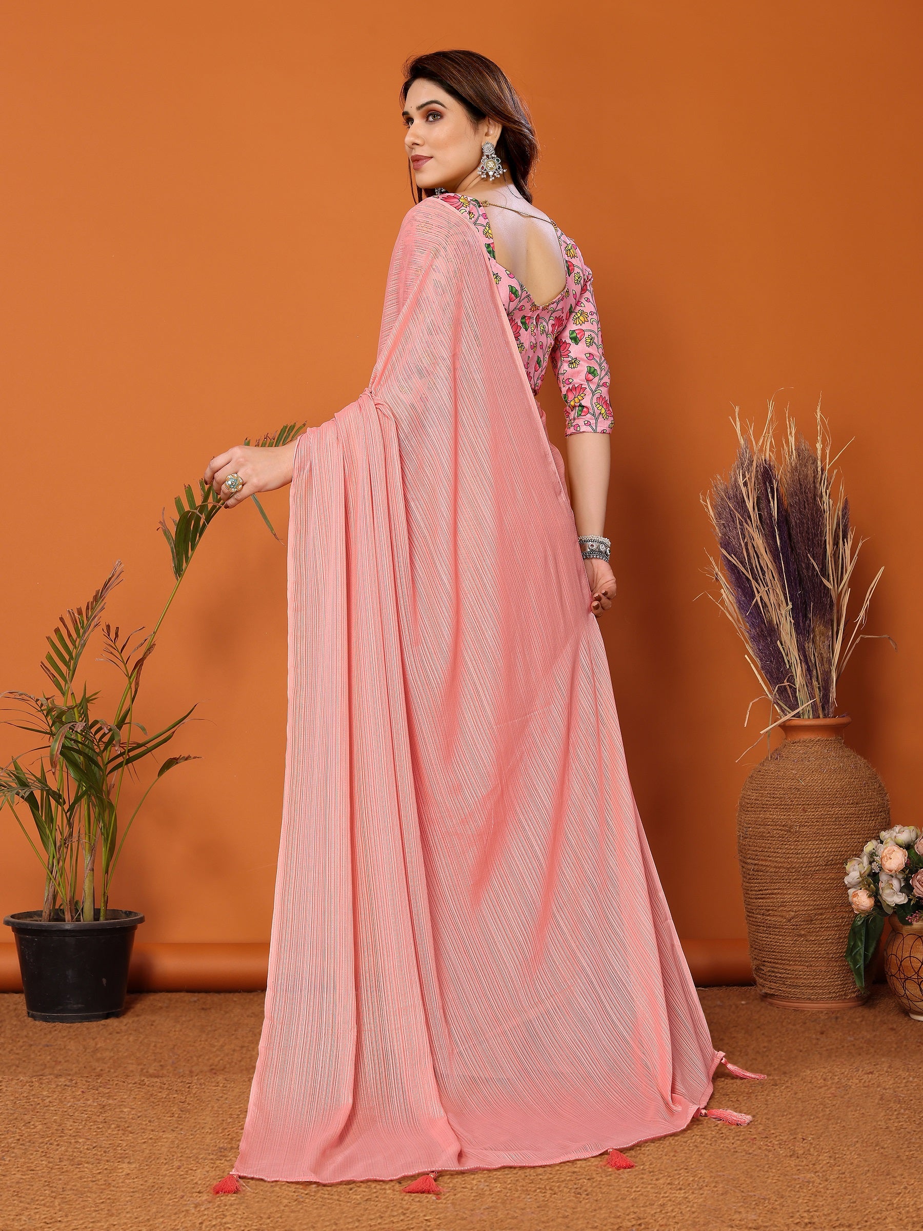 Pastel Pink Designer Saree with Floral Embroidered Blouse
