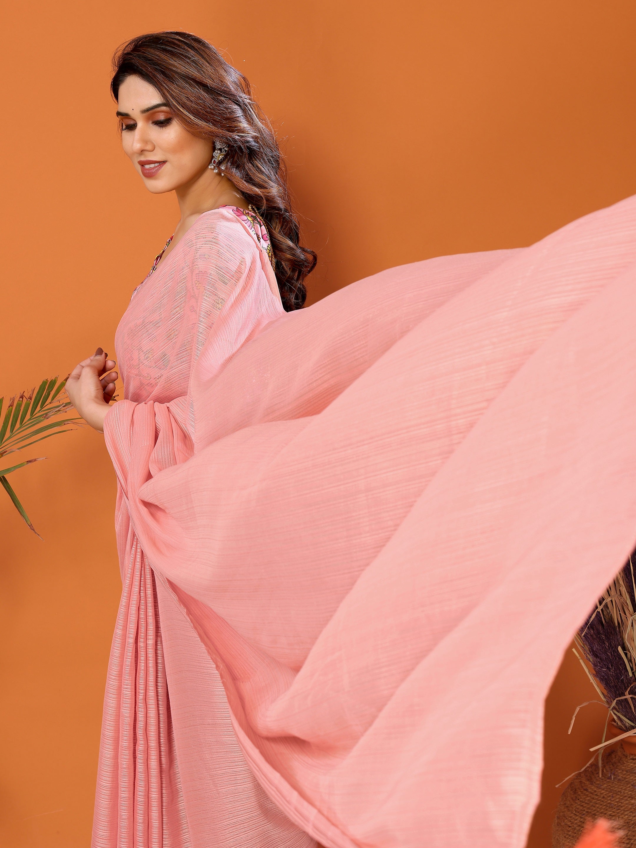 Pastel Pink Designer Saree with Floral Embroidered Blouse