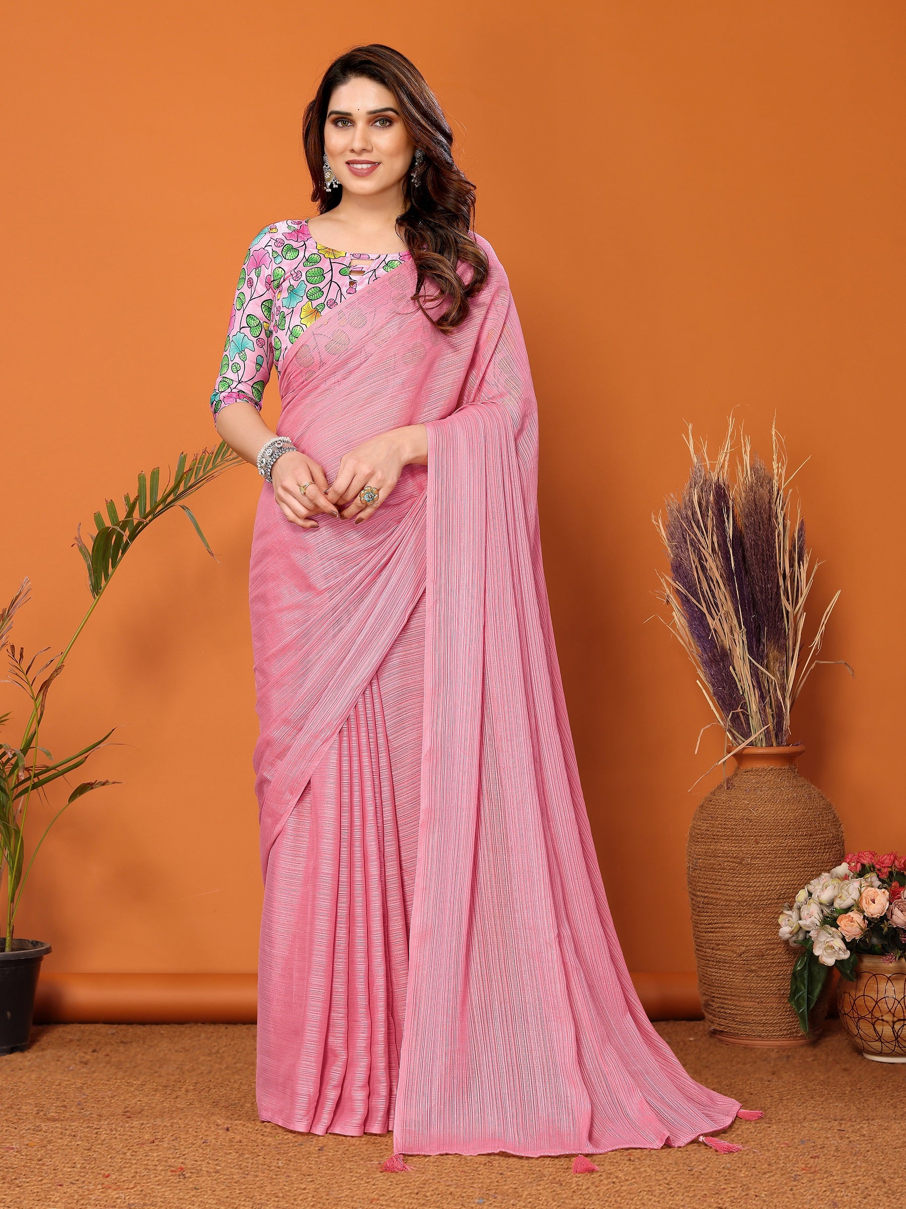 Blush Pink Saree with Leaf Embroidered Designer Blouse
