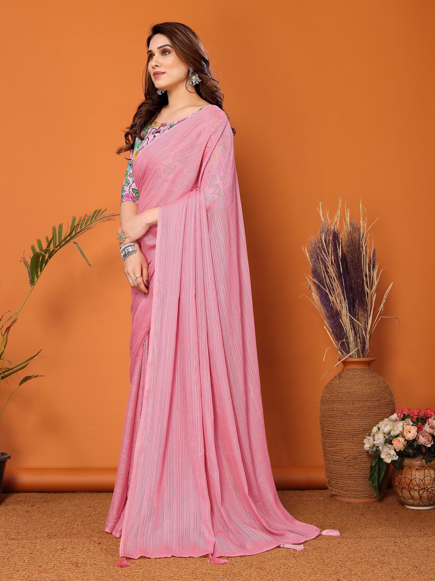Blush Pink Saree with Leaf Embroidered Designer Blouse