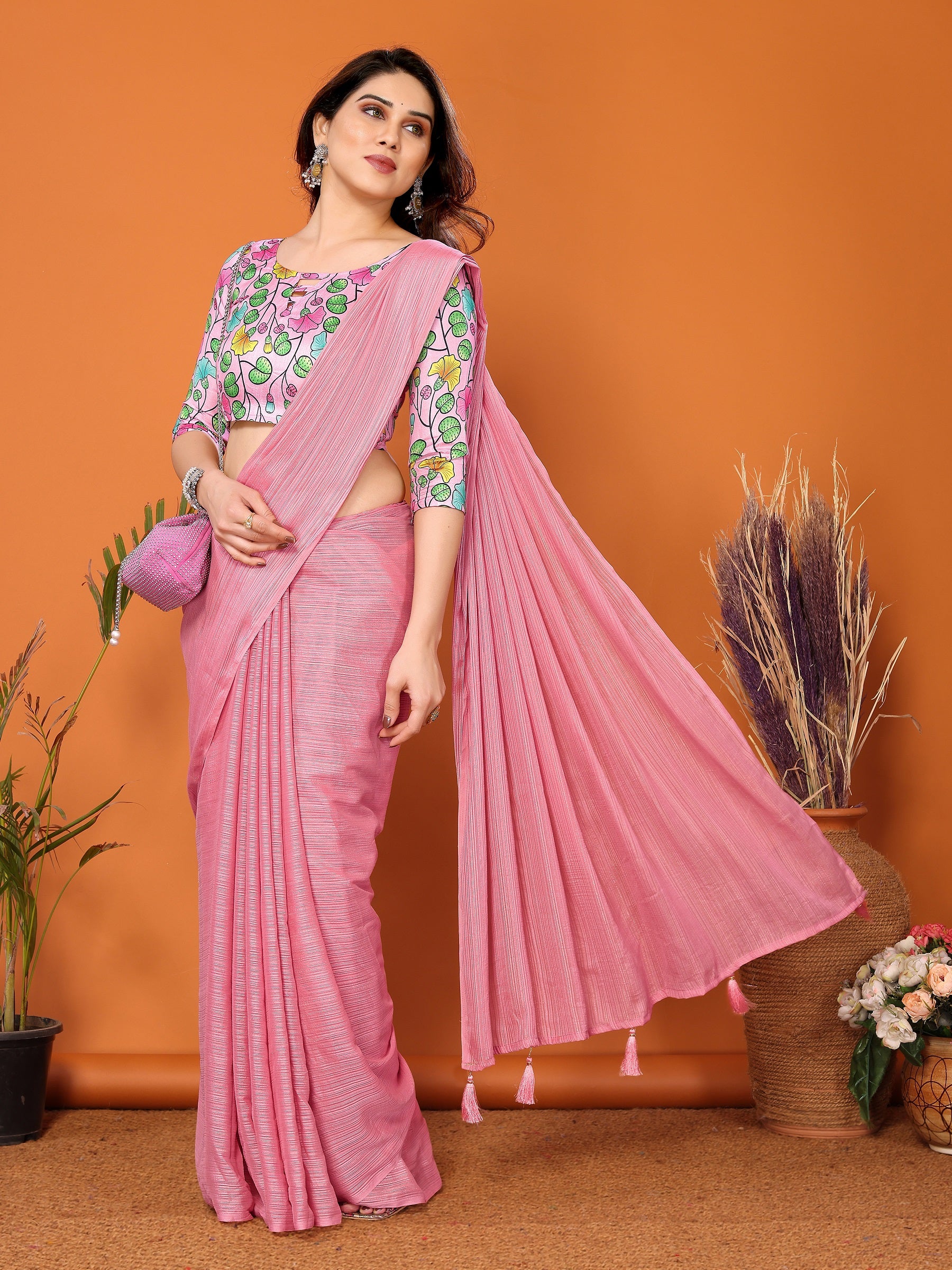 Blush Pink Saree with Leaf Embroidered Designer Blouse