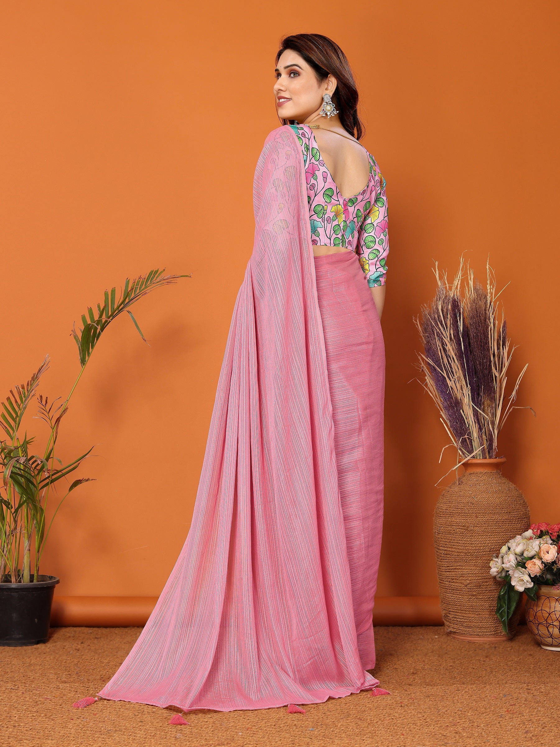 Blush Pink Saree with Leaf Embroidered Designer Blouse