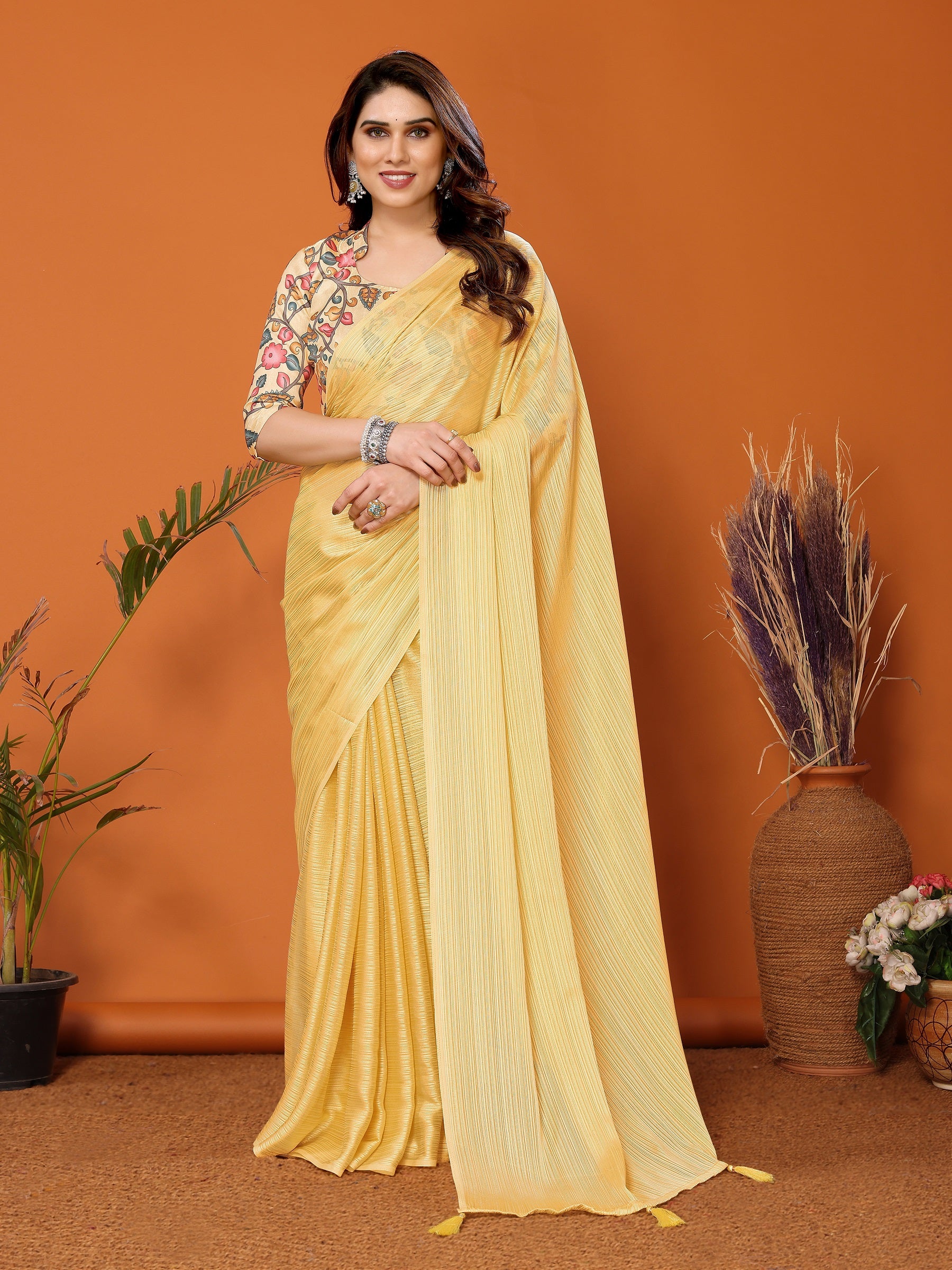 Sunshine Yellow Saree with Floral Multi-Color Blouse